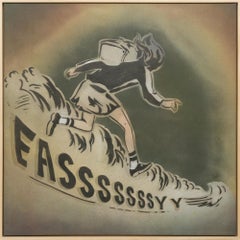 "EASSSSSSSSSY", surreal imagery, girl with backpack running by Mando