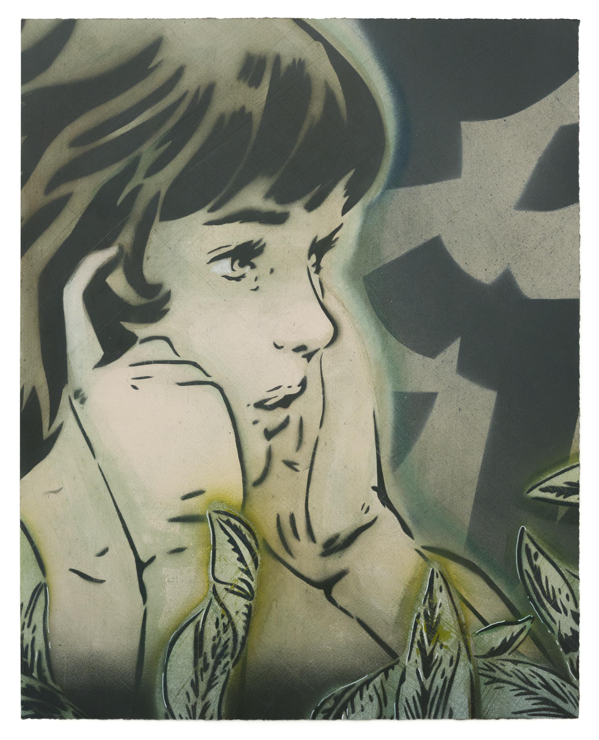 "I Do Hear You, I Do See You (v4)", portrait of young girl among plants, stencil