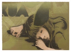 "RUA", girl sleeping, vintage, earth tones, stencils