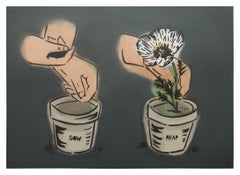 "Sow and Reap", growing and optimism, flower in pot painting