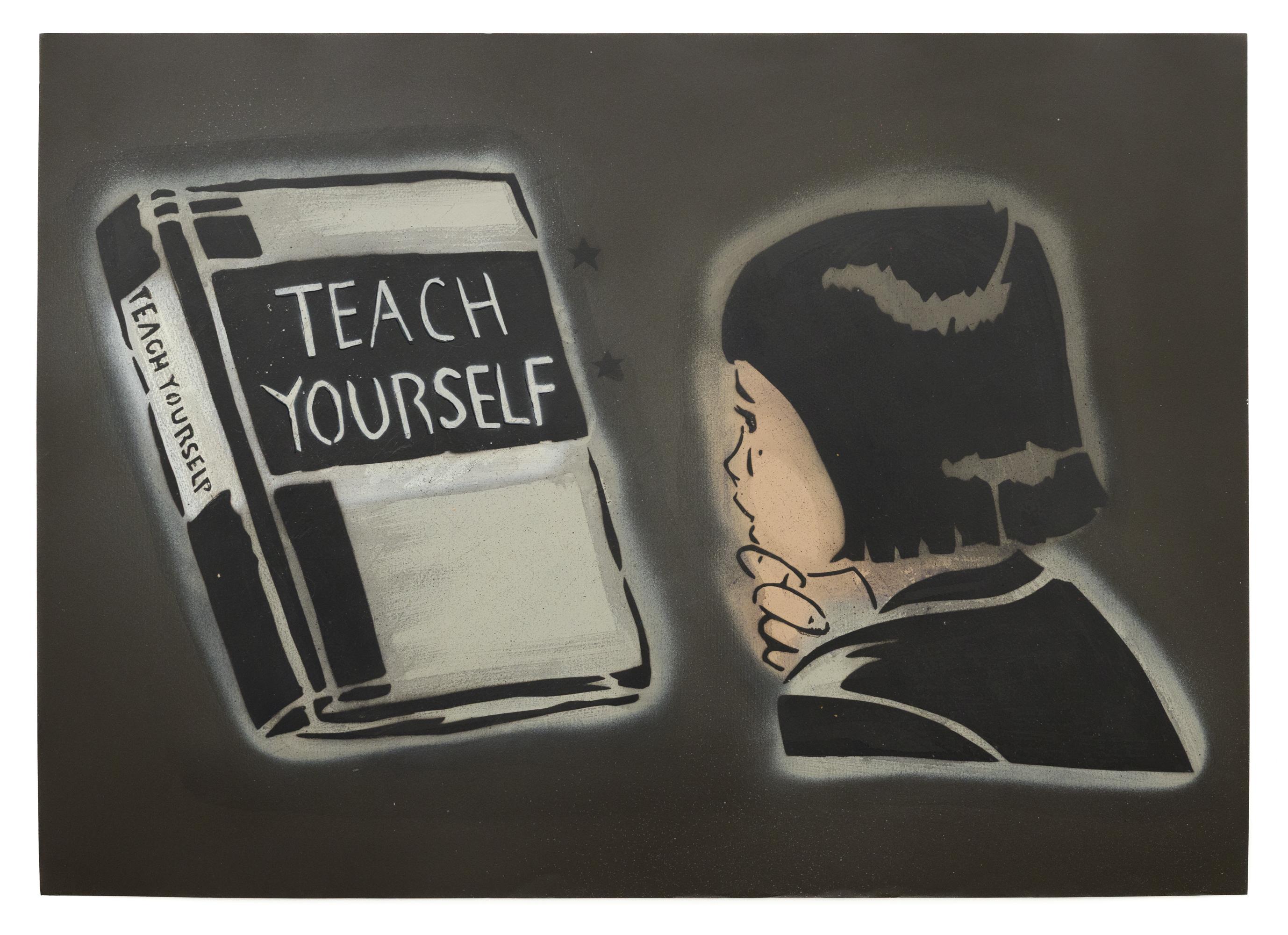 "Teach Yourself (V1)", pochoir découpé à la main, imagerie vintage acrylique et aérosol. - Mixed Media Art de Mando Marie (seeyouthroughit)