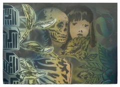 "Together Forever", duality of life and death, skull and girl painting