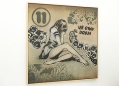 "UR OWN DOOM", girl hiding her face among flowers, vintage imagery painting