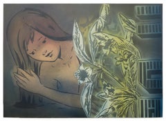 "Washed Off", girl with long hair with plants, vintage imagery and spray paint