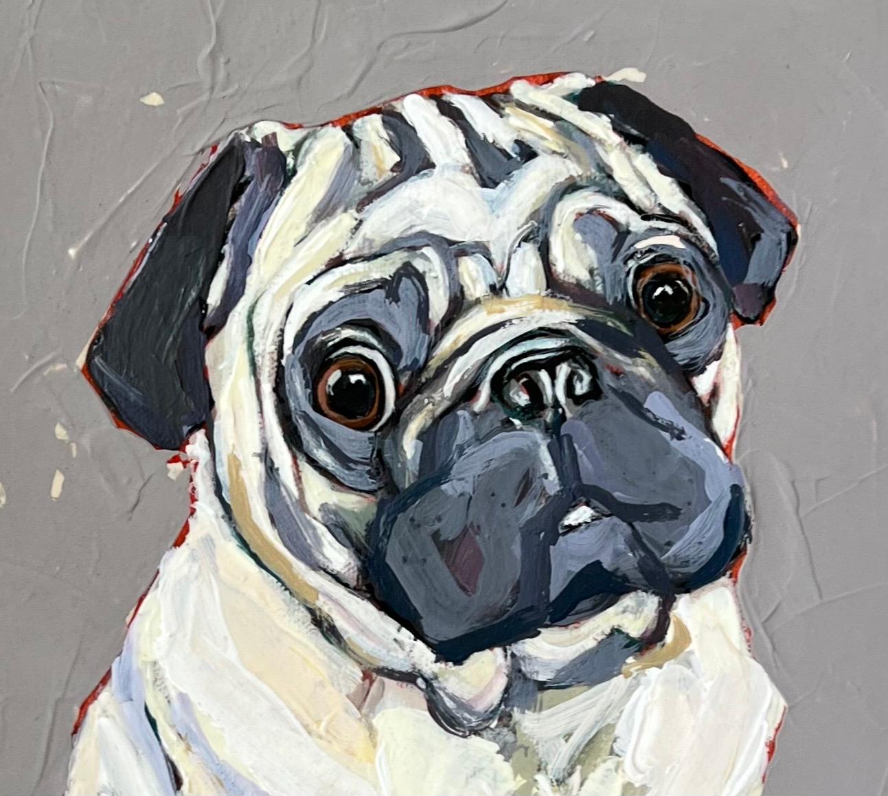 Not Me!  Expressive Pug Painting in a Clever, Playful Style Evokes Emotion - Gray Portrait Painting by Amanda Norman