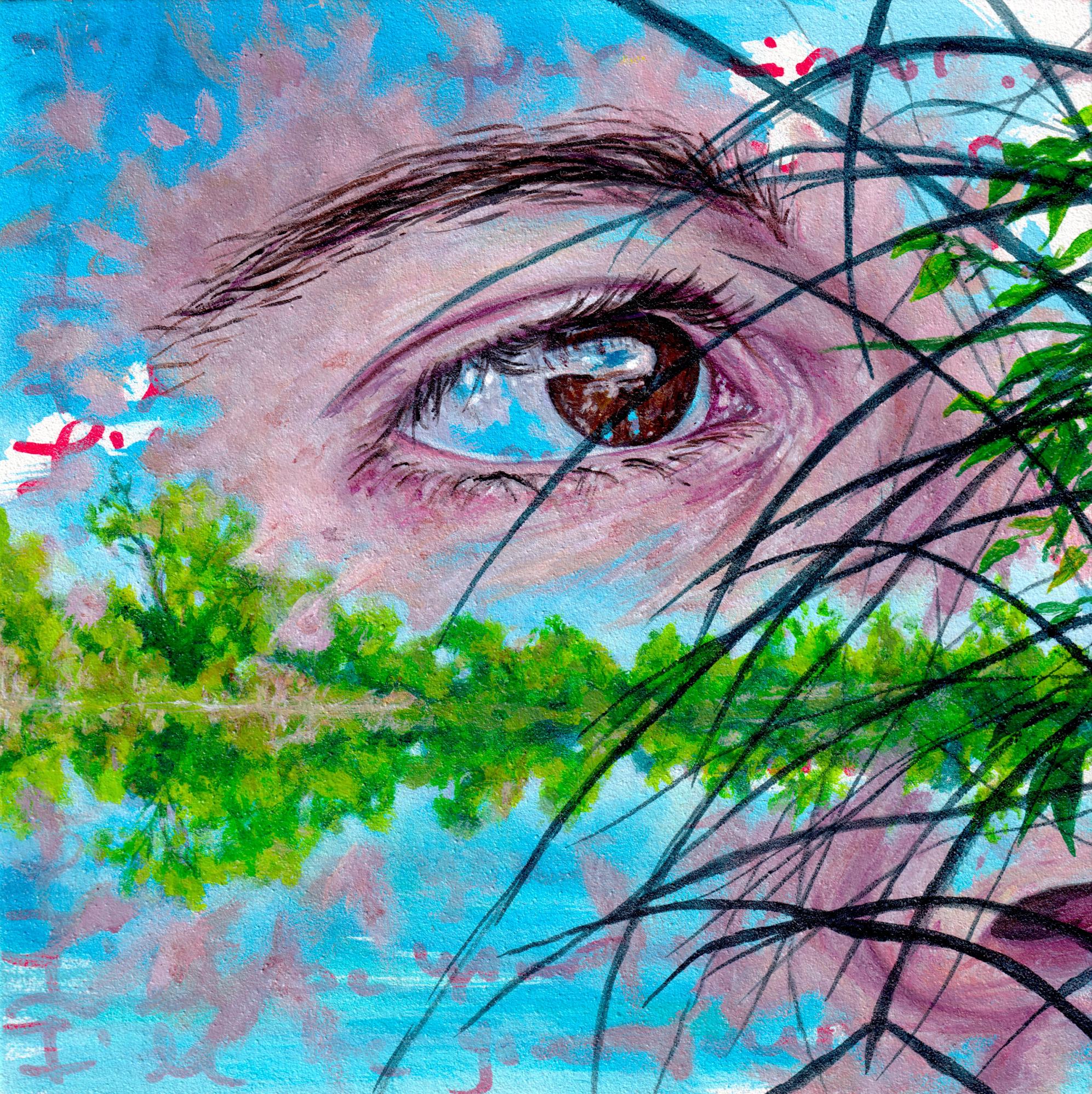 "Seré tu espejo-Logan-7 Lagos, Francia" de Amanda Seckington (afincada en EE.UU.) es una pintura acrílica original que representa un rostro parcialmente cubierto por un lago. 

Amanda Seckington se considera nativa de Florida, aunque nació en Hawai