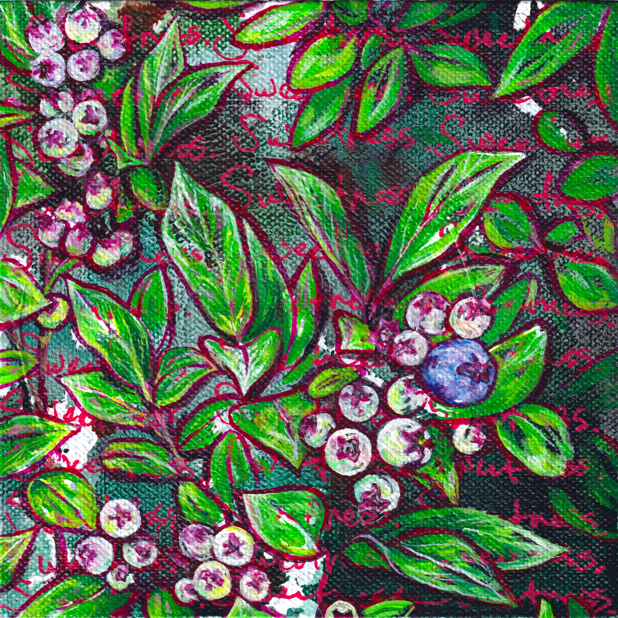 "Sweetness-Blue Ridge Mts, North Carolina II" von Amanda Seckington (USA) ist ein Originalgemälde in Acryl und Öl, das üppiges Laub und Beeren zeigt. 

Amanda Seckington betrachtet sich selbst als gebürtige Floridianerin, obwohl sie auf Hawaii