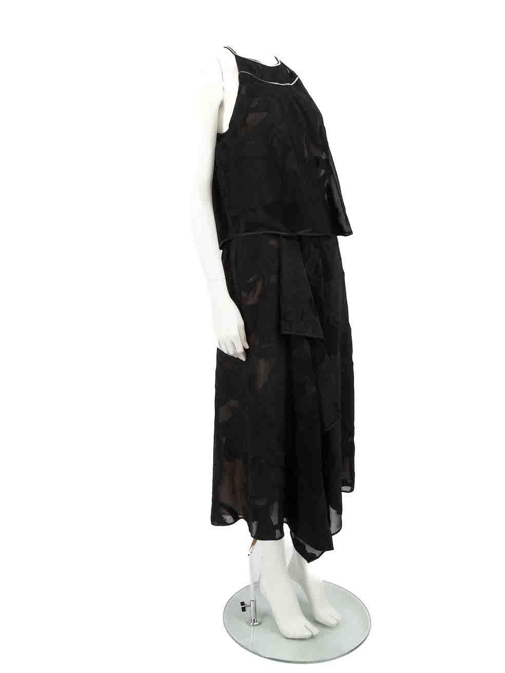 CONDITION is Very good. Hardly any visible wear to dress is evident on this used Amanda Wakeley designer resale item.
 
 Details
 Black
 Polyester
 Dress
 Midi
 Floral pattern
 Round neck
 Sleeveless
 Sheer back mesh panel
 Layered ruffle skirt
