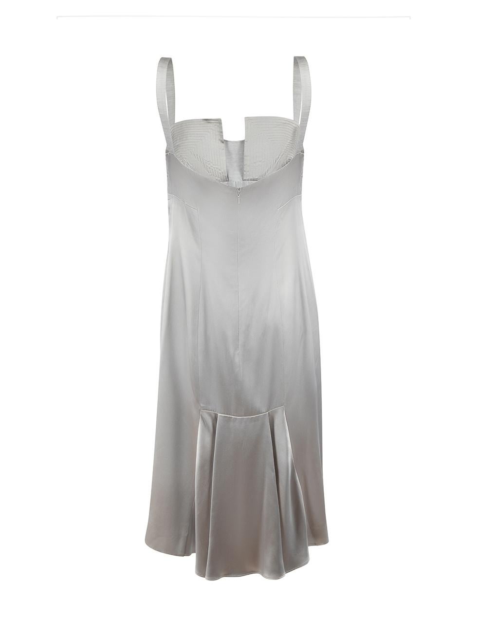 CONDITION is Very good. Hardly any visible wear to dress is evident on this used Amanda Wakeley designer resale item.

Details
Silver
Silk
Dress
Knee length
Square neckline
Sleeveless
Embroidered bodice detail
Back zip and hook fastening
Made in