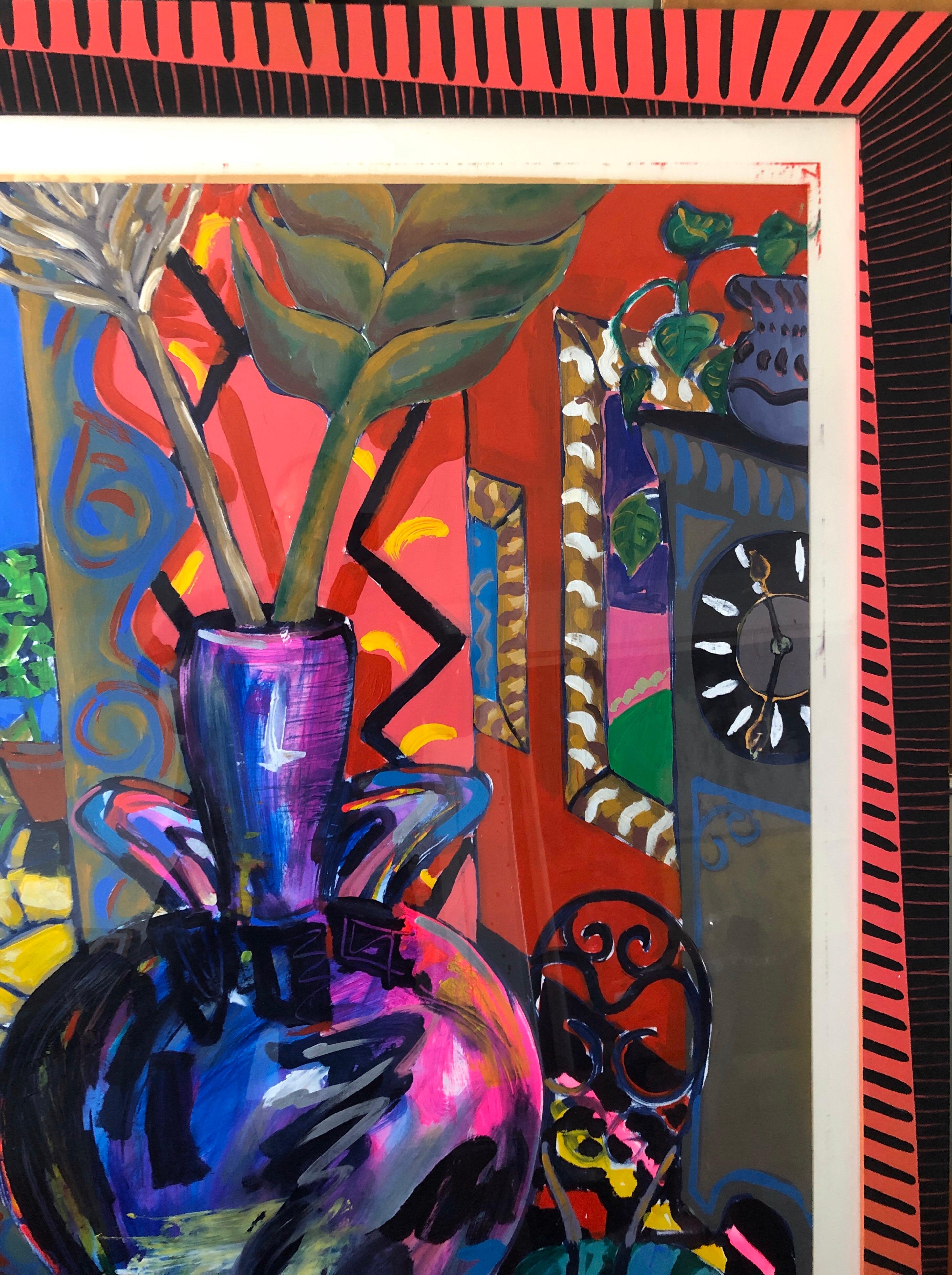 This is a bright, vibrant, colorful Amanda Watt original acrylic painting on paper depicting an interior  scene with a floral vase on round table. with a basket of fresh fruits and a grandfather clock.  
Provenance: Portico New York (bears their