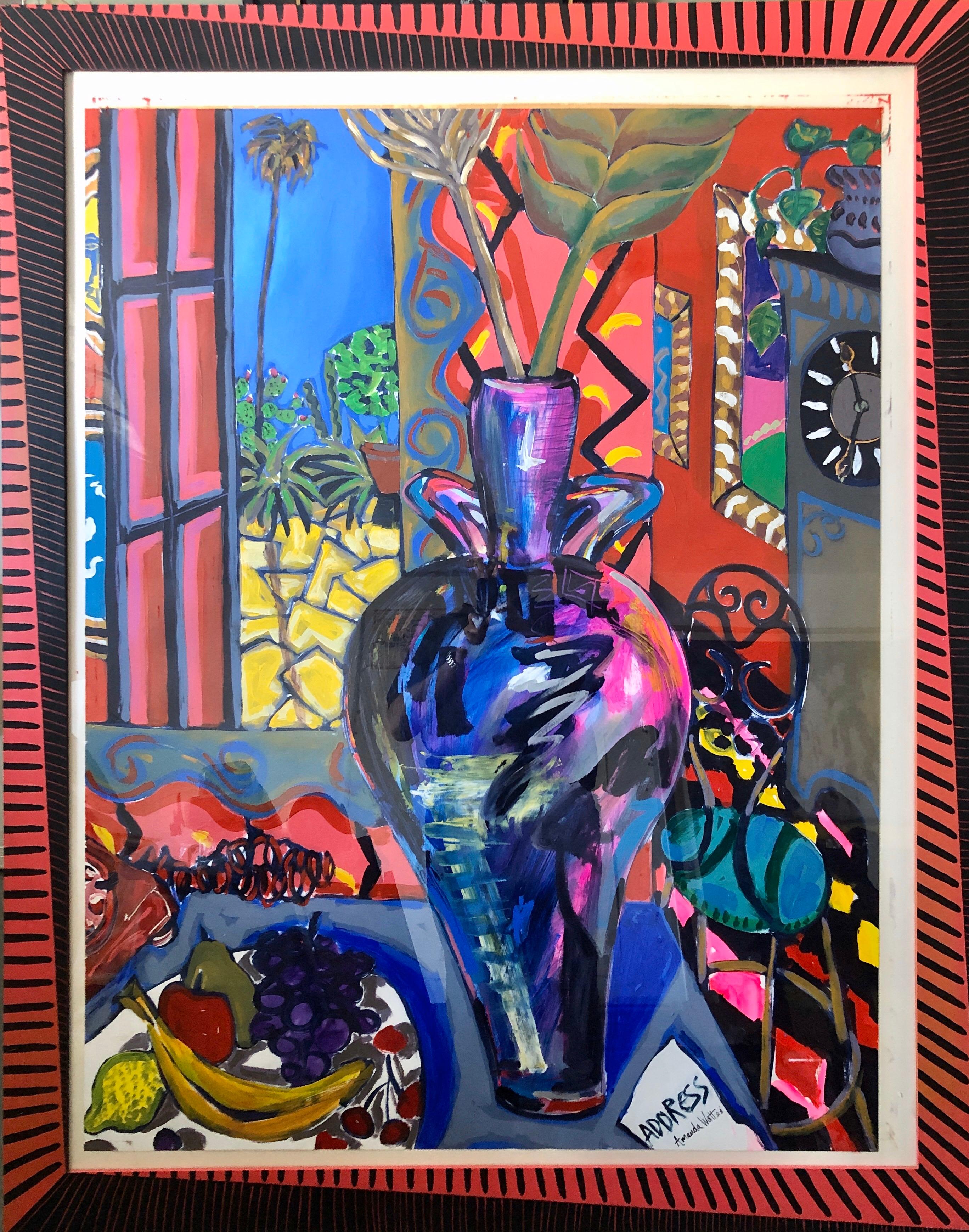 Amanda Watt Still-Life Painting - 1988 Pop Art Painting Bright Vibrant Colors Artist Painted Frame Flowers in Vase