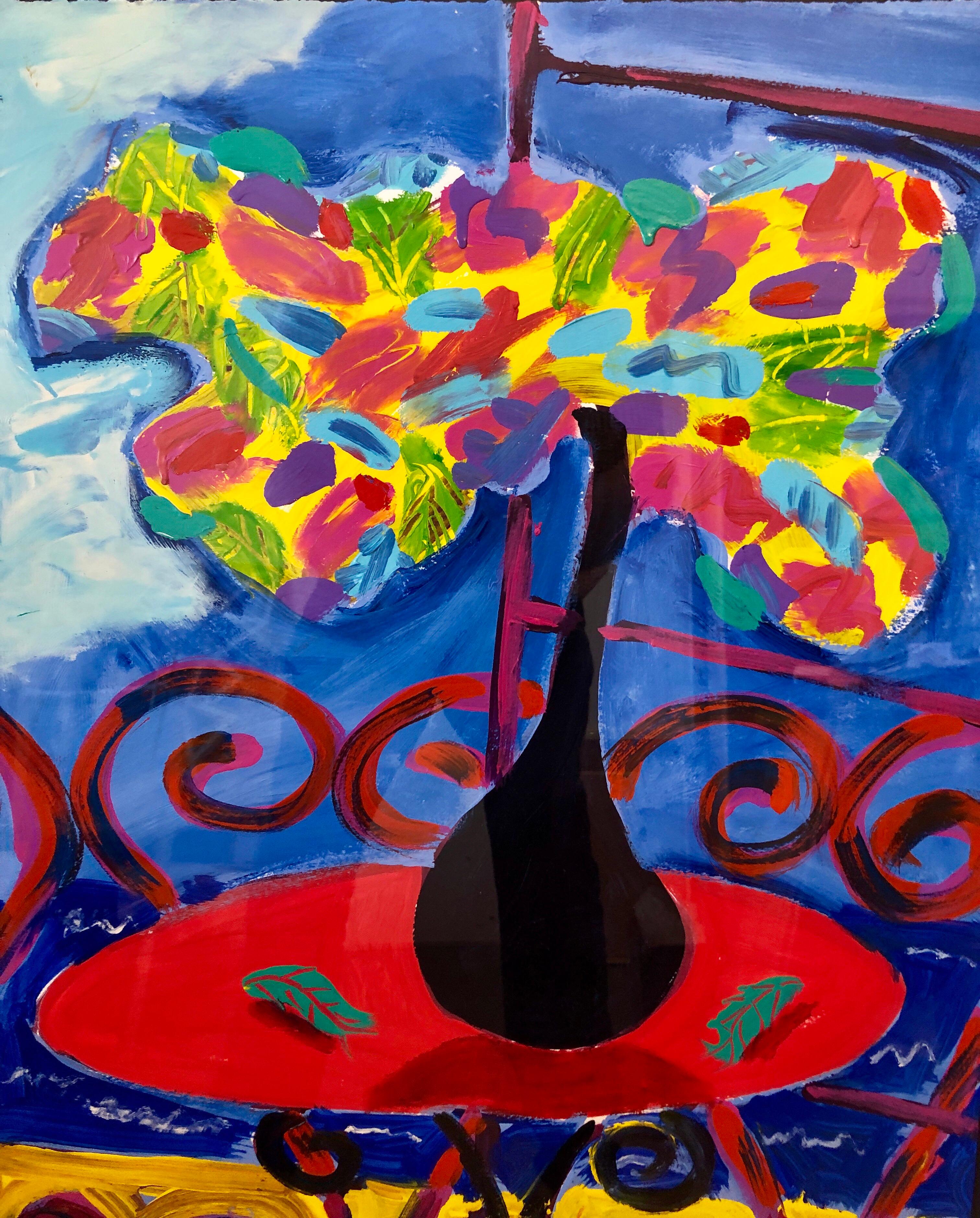 Pop-Art-Gemälde in leuchtenden, lebendigen Farben, von der Künstlerin bemalt, Rahmen, Blumen in Vase (Braun), Interior Painting, von Amanda Watt