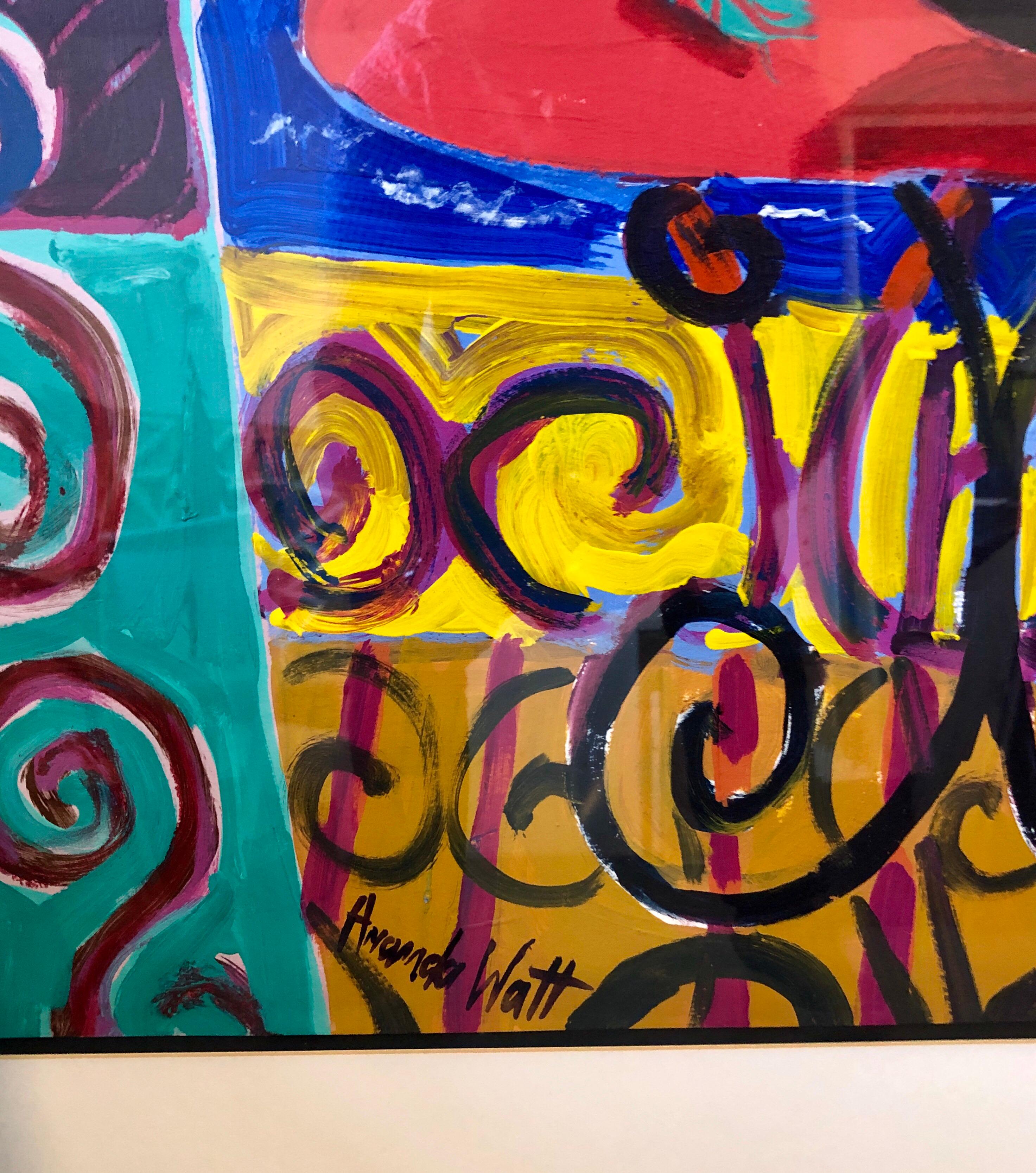 This is a bright, vibrant, colorful Amanda Watt original acrylic painting on paper depicting a patio scene with a floral vase on round table. Signed to lower left.  Mounted  in a purple and gold stripe painted wooden frame with mat behind acrylic