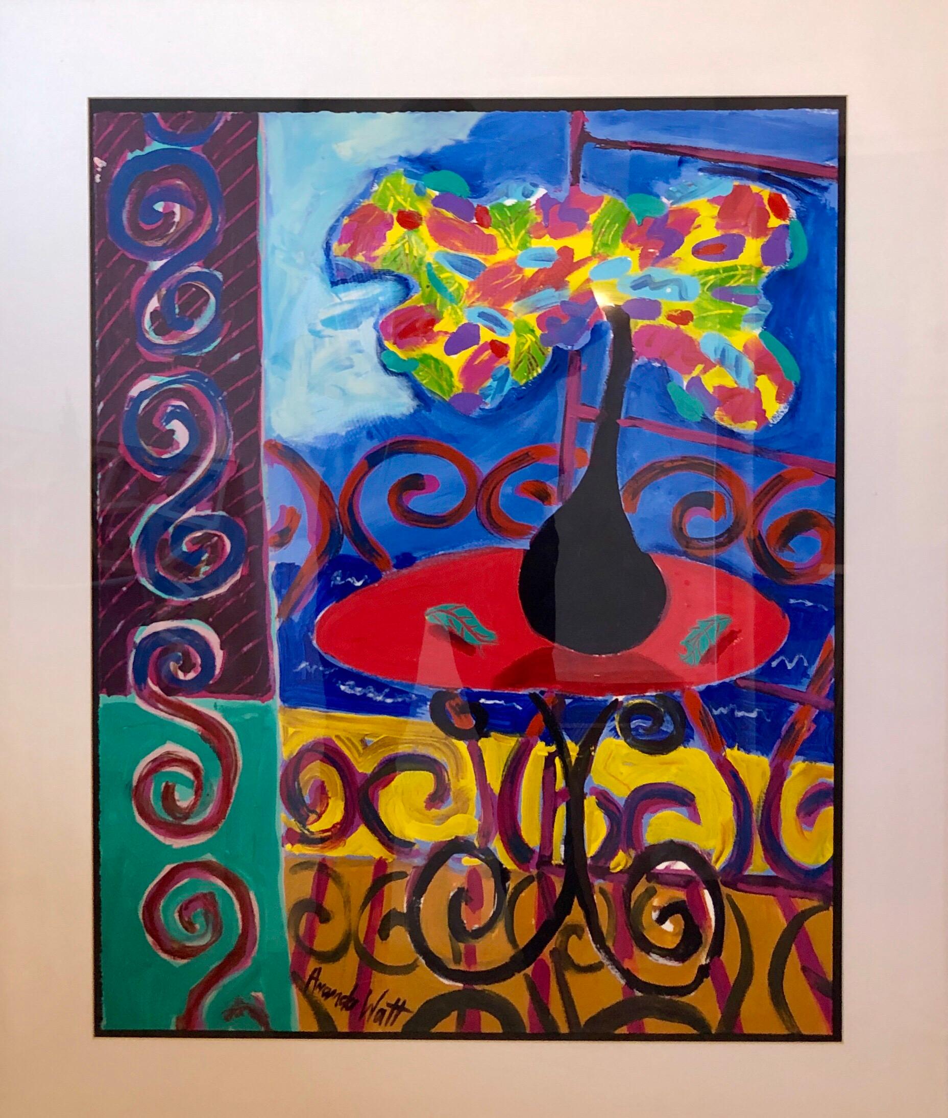 This is a bright, vibrant, colorful Amanda Watt original acrylic painting on paper depicting a patio scene with a floral vase on round table. Signed to lower left.  Mounted  in a purple and gold stripe painted wooden frame with mat behind acrylic