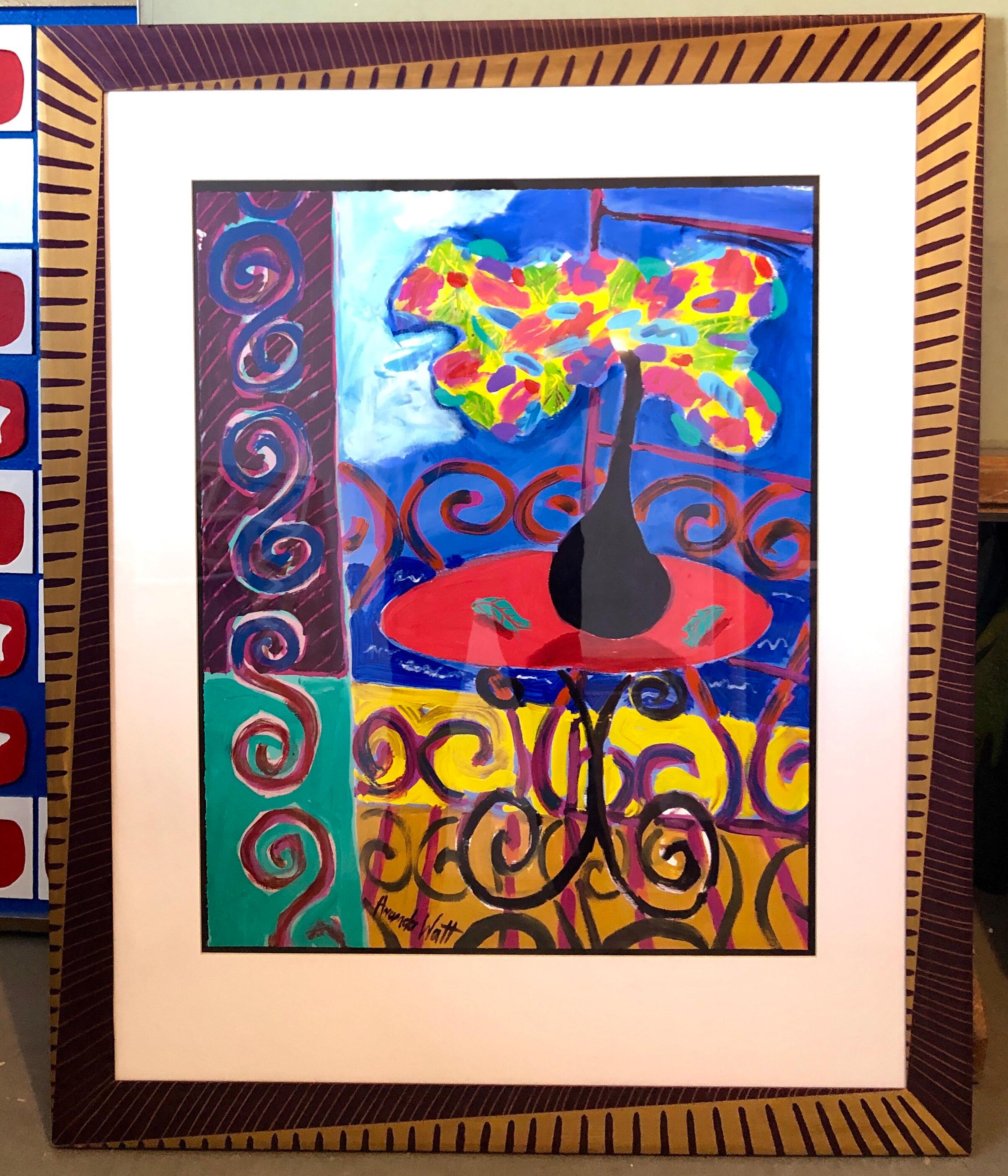 Pop Art Painting Bright Vibrant Colors Artist Painted Frame Flowers in Vase 6