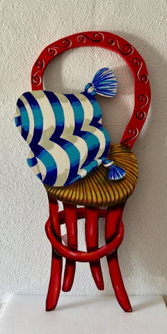 Pop Art Painting Carved Wall Sculpture Amanda Watt Thatched Chair Vibrant Color