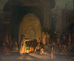 Antique French Orientalist North African Night Time Figures around Camp Fire (Figure notturne intorno al fuoco)