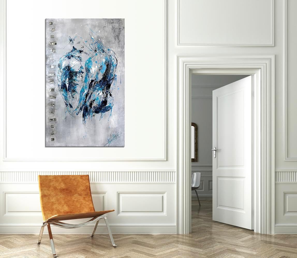 The Soul Mirror - Expressionist Character Looking at Himself in Blue & Silver - Painting by Amandyne Steropes