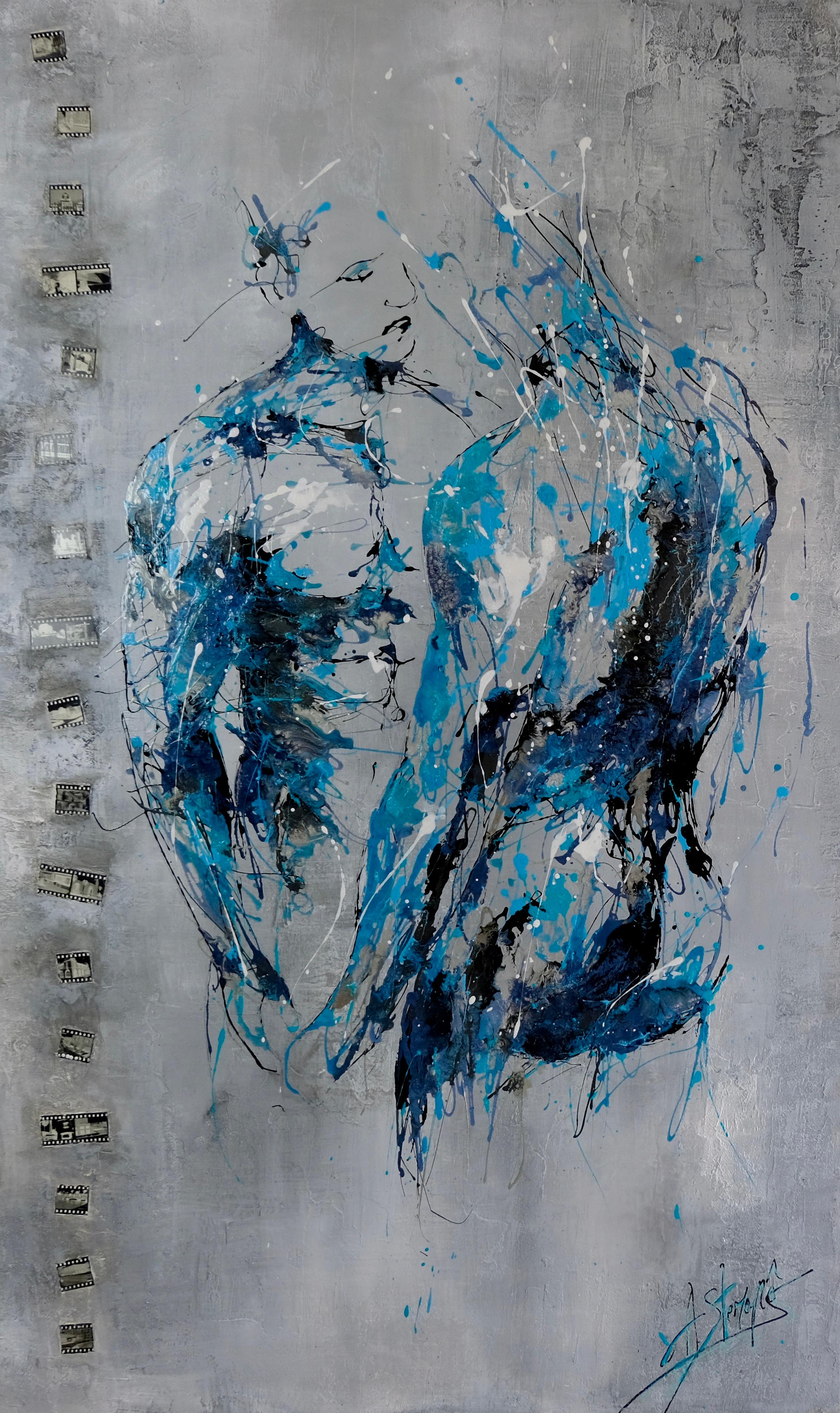 Amandyne Steropes Figurative Painting - The Soul Mirror - Expressionist Character Looking at Himself in Blue & Silver