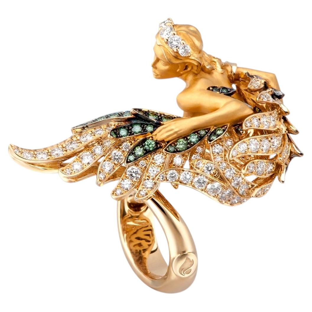 Pre-owned Carrera Y Carrera Amanecer Green And White Diamond Ring In 18 Karat Yellow Gold