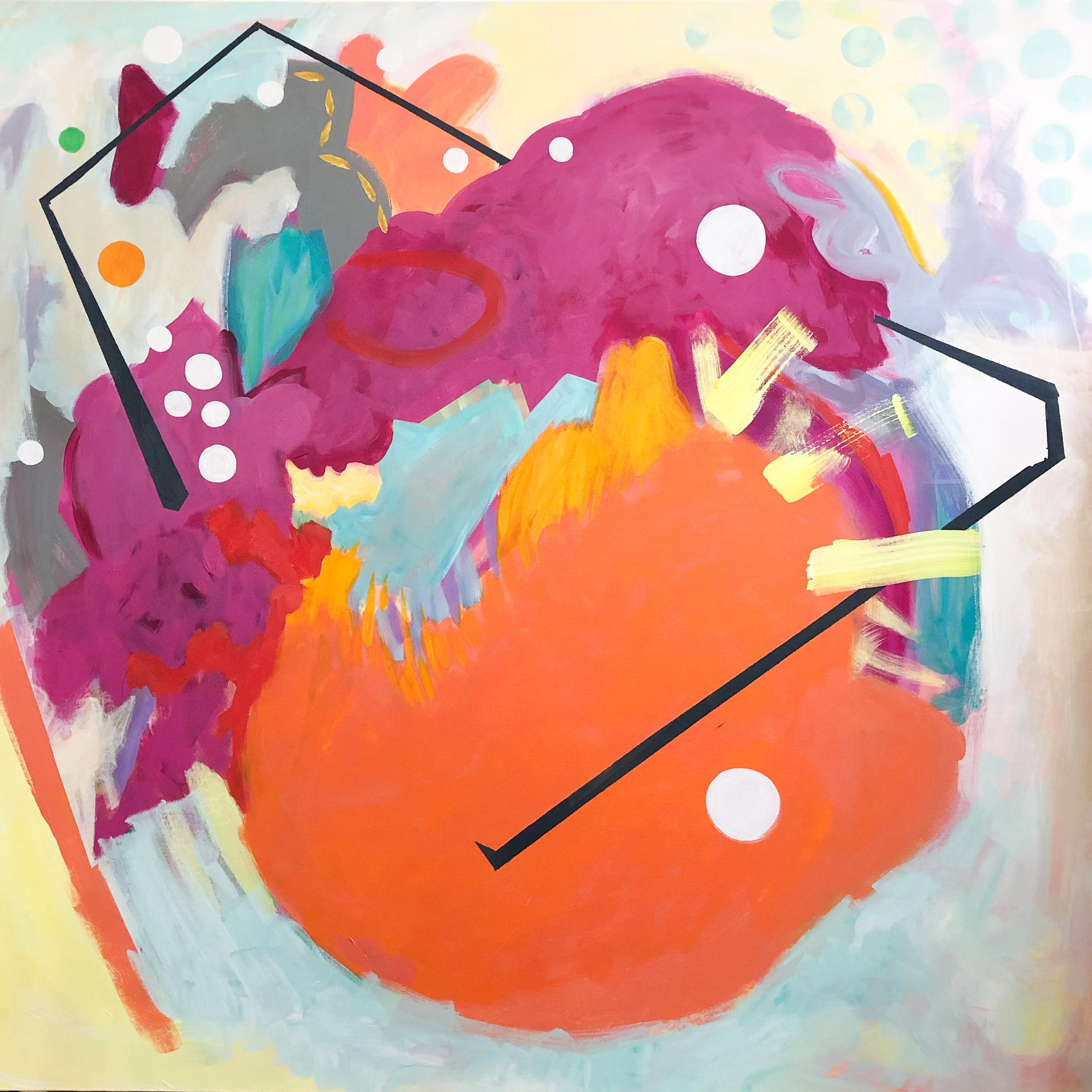 Bold, playful, and unapologetically vibrant, Ambush Tang Tabu by American artist Amantha Tsaros is a dynamic 48 x 48 inch acrylic on canvas. Tsaros’ work explores the relationship between geometry and gesture, layering fluid brushstrokes with