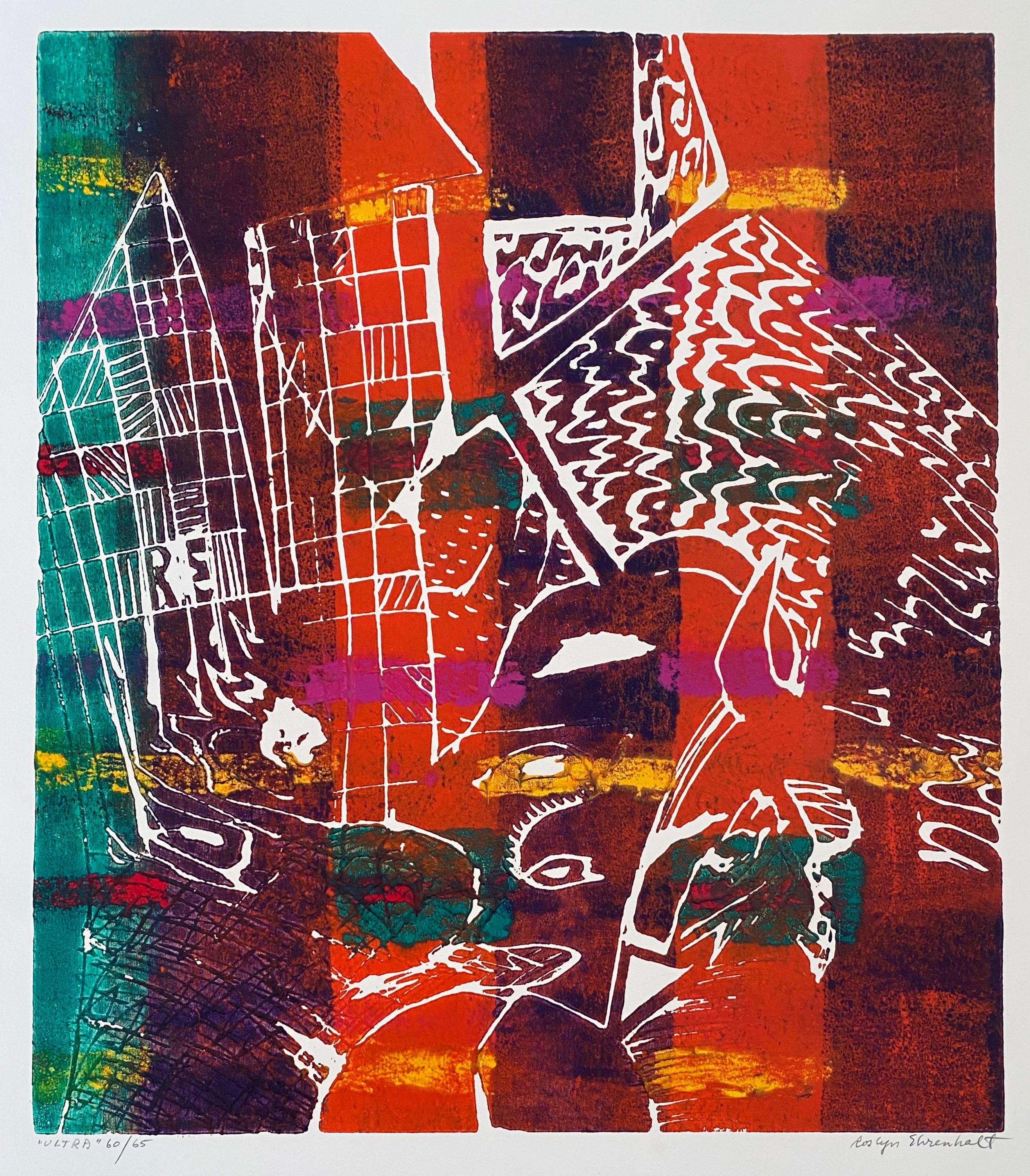 This print depicts a non-objective composition of organic shapes rendered in vibrant hues of color upon a field of white.
 Hand signed by artist in pencil lower right. Title and numbered 'Ultra 60/65' in pencil lower left. Decorative embossing
