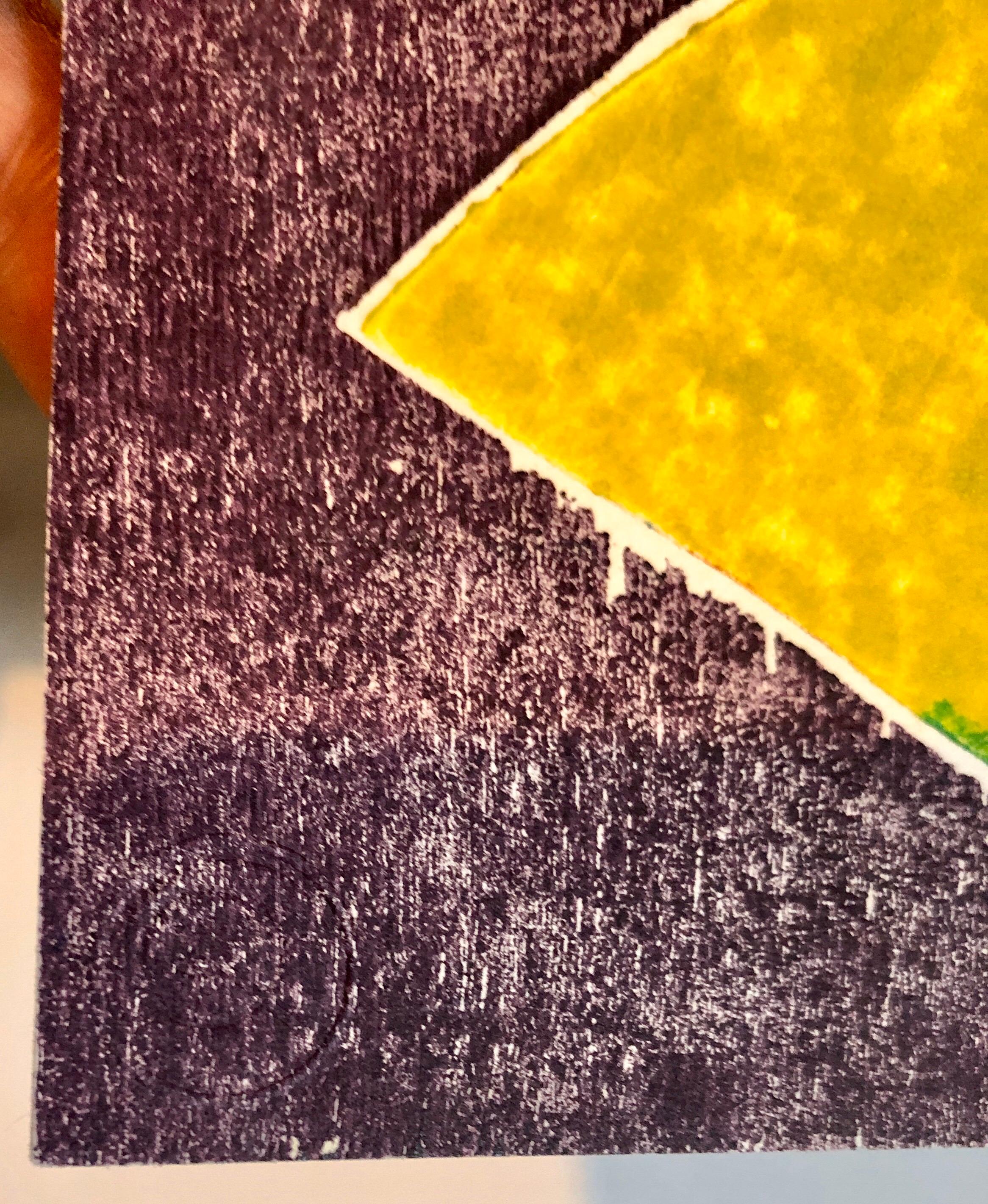 Dieser Druck zeigt eine ungegenständliche Komposition organischer Formen, die in leuchtenden Farbtönen auf einem kühlen Grau dargestellt sind. Dieser Reliefdruck ist in der rechten unteren Ecke der Bildfläche handsigniert und betitelt. Aus der