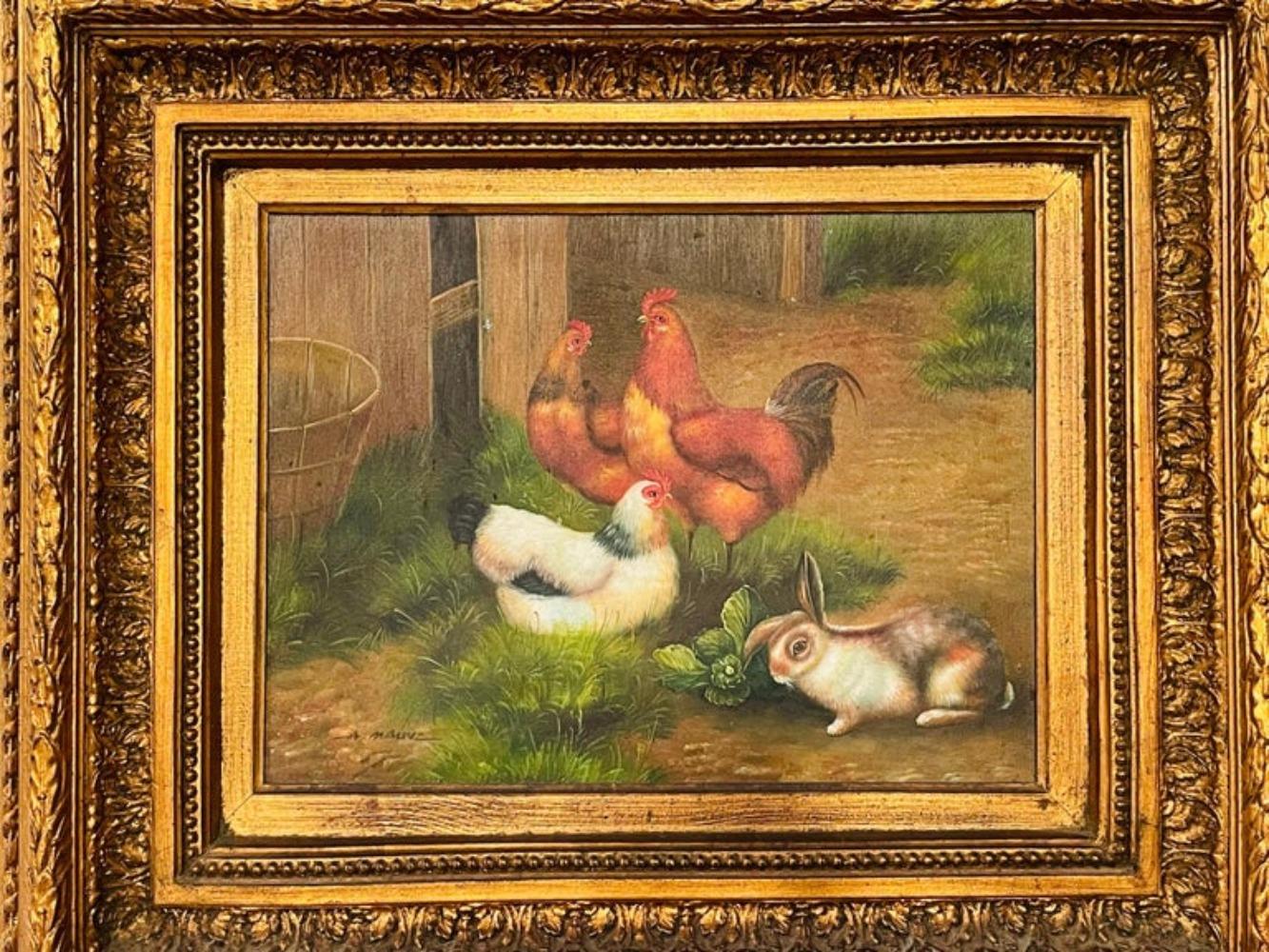 Vintage Oil Painting of Roosters and Bunny in the Manner of Claude Guilleminet - Brown Animal Painting by A.Marle