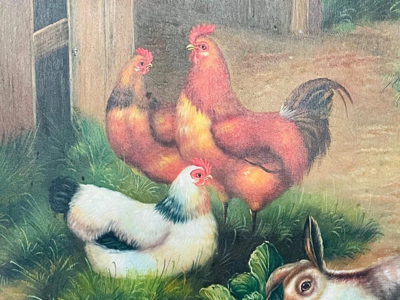 Vintage Oil Painting of Roosters and Bunny in the Manner of Claude Guilleminet For Sale 1