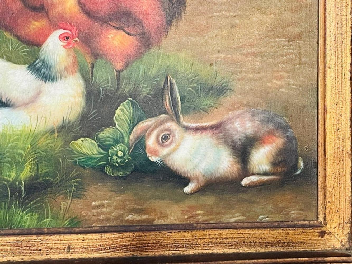 Vintage Oil Painting of Roosters and Bunny in the Manner of Claude Guilleminet For Sale 2