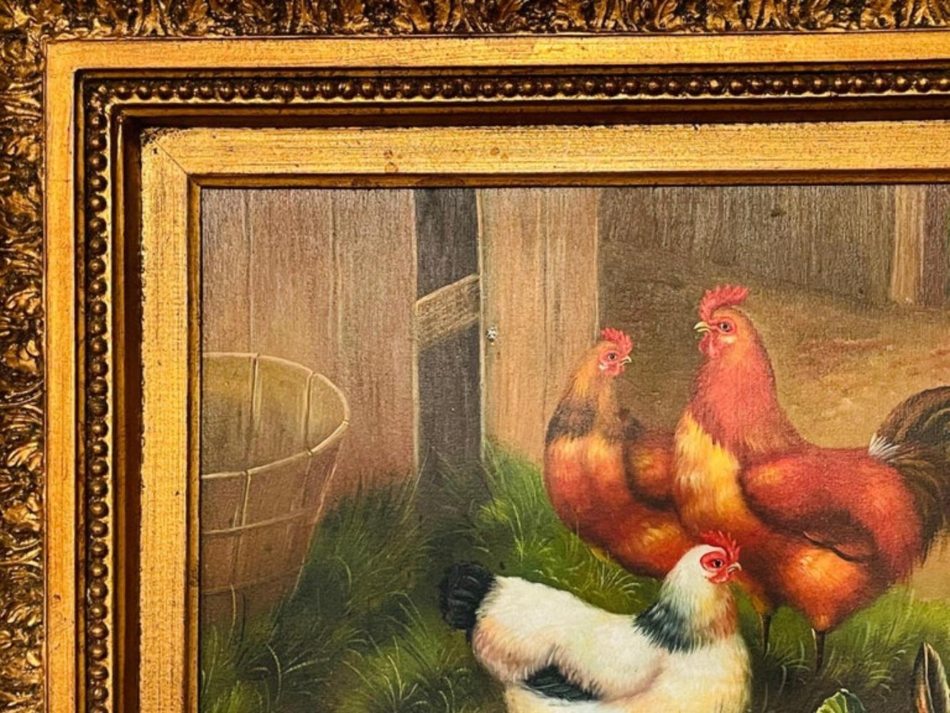 Vintage Oil Painting of Roosters and Bunny in the Manner of Claude Guilleminet For Sale 6