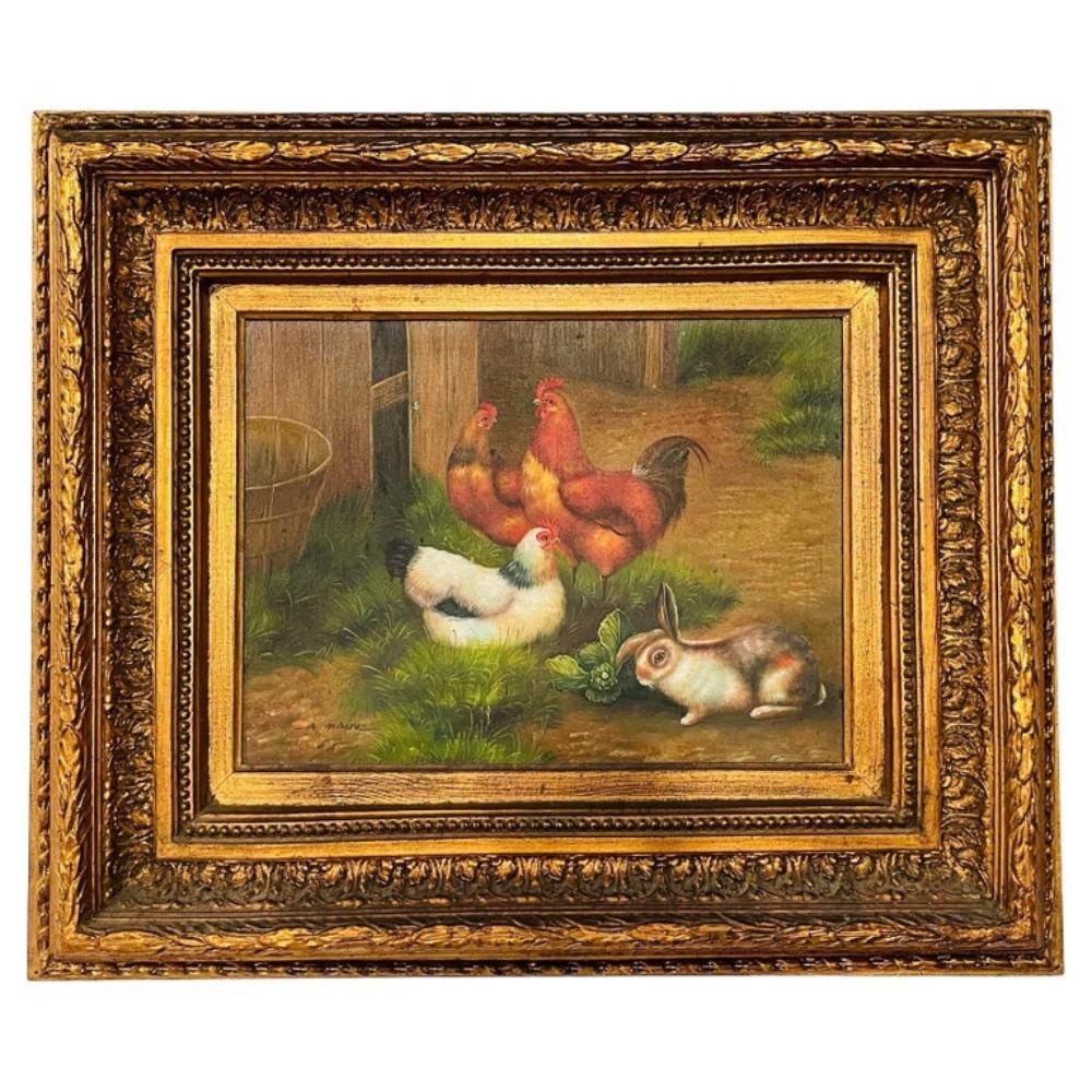 A.Marle Animal Painting - Vintage Oil Painting of Roosters and Bunny in the Manner of Claude Guilleminet