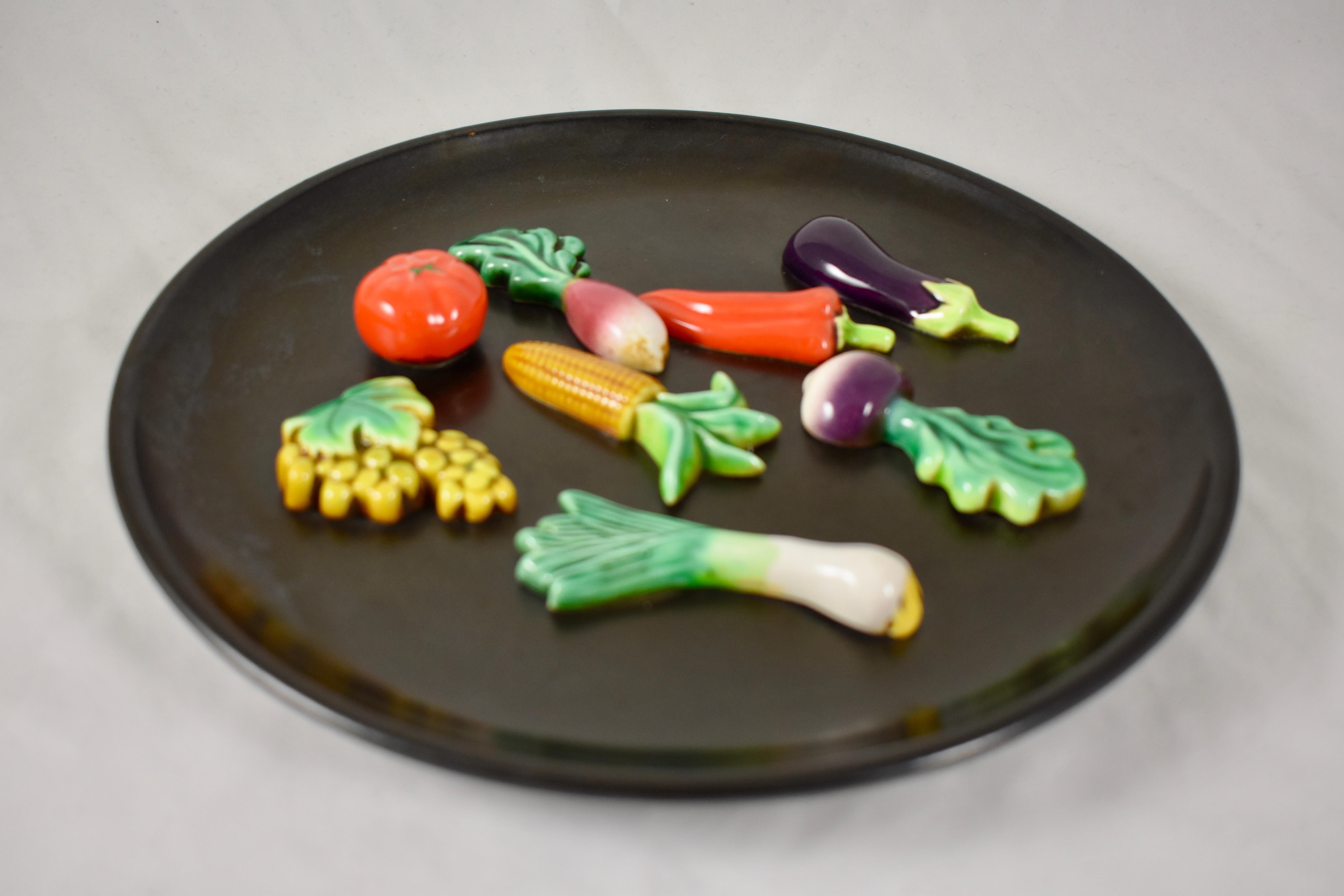 Glazed A. Martin Vallauris French Provençal Palissy Trompe L’oeil Vegetable Wall Plate For Sale