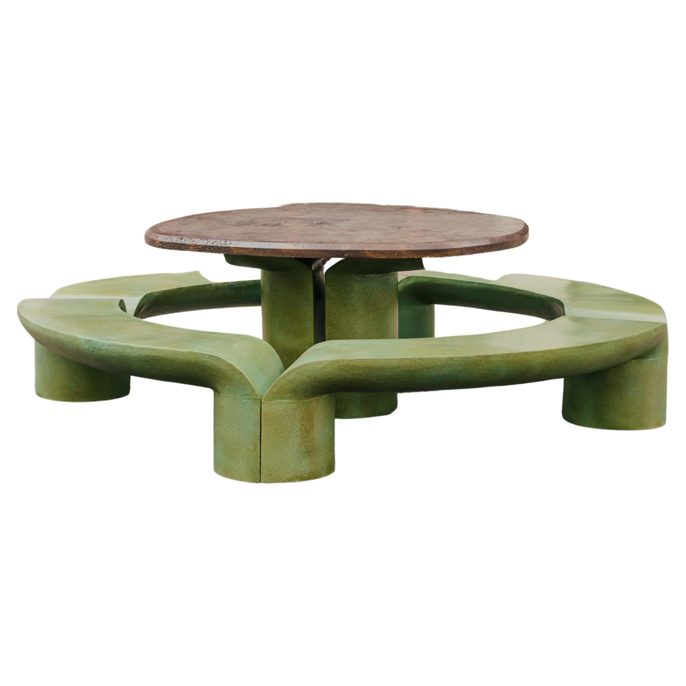 Oxidized Copper and Lava Stone Amaru Outdoor Table and Bench Set by Ian Felton