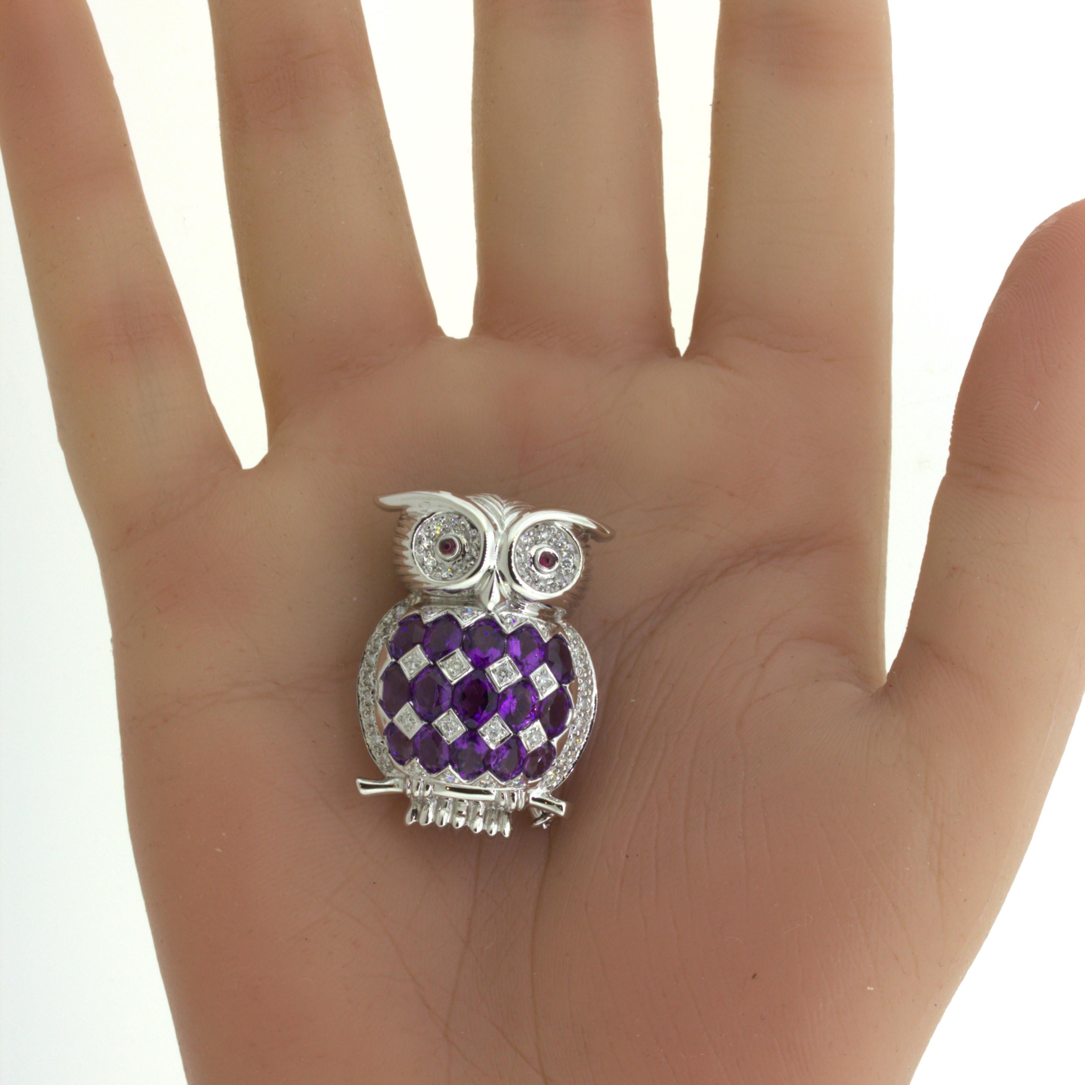 Amatheyst Diamond 18k White Gold Owl Pendant Brooch For Sale 1