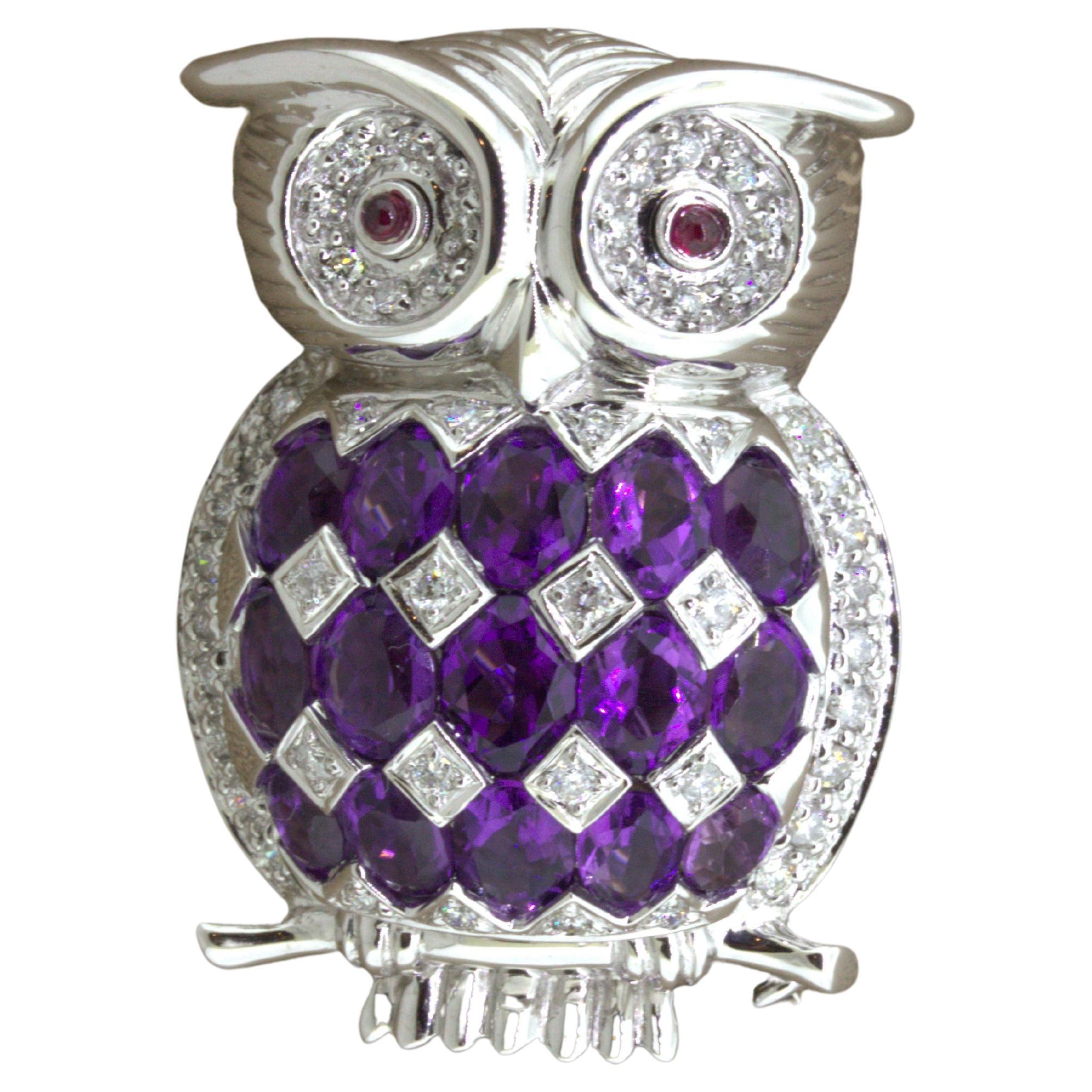 Amatheyst Diamond 18k White Gold Owl Pendant Brooch