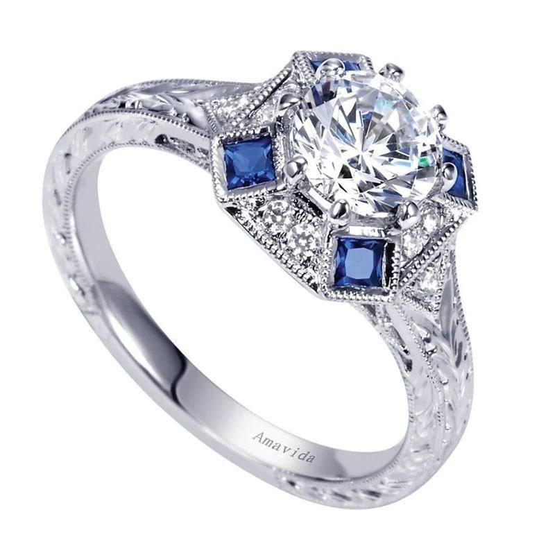 Round Cut Amavida Platinum Engagement Mounting with Sapphires For Sale