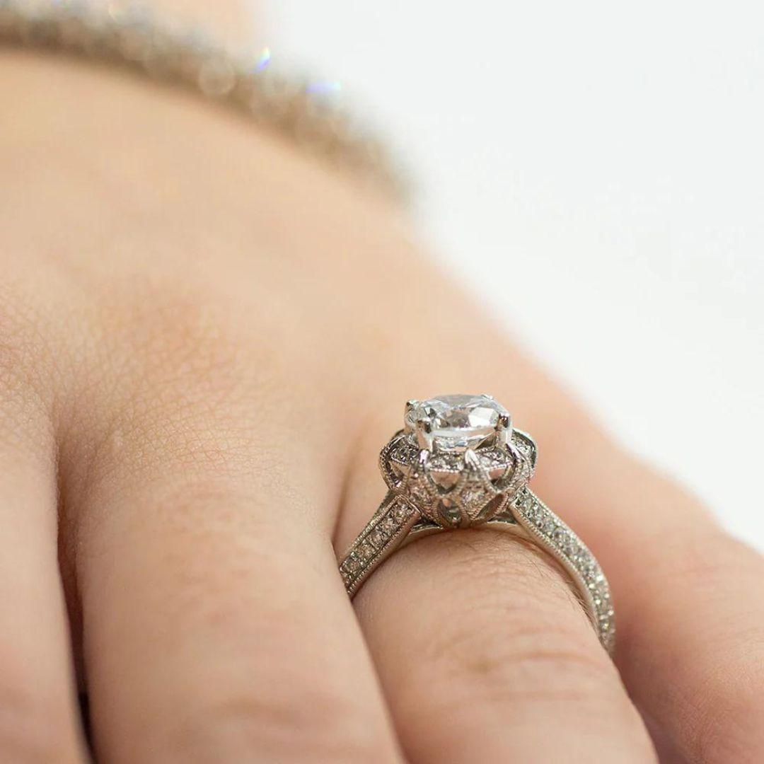 Round Cut Amavida Platinum Engagement Ring with Duchess Halo For Sale