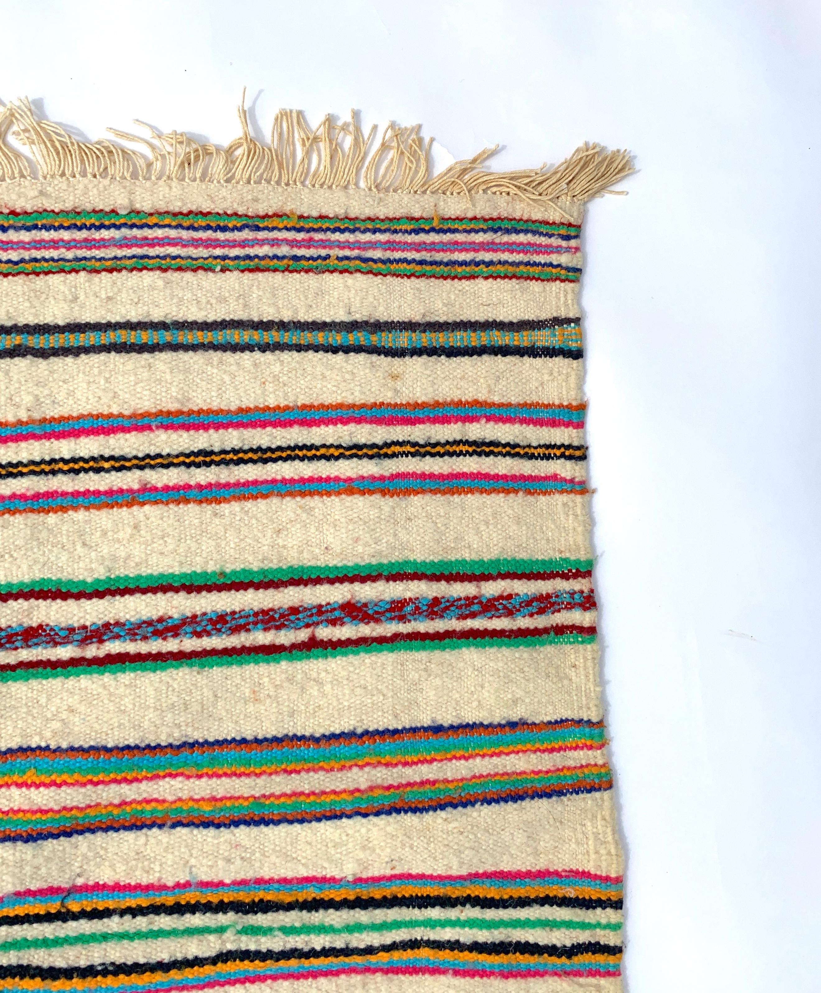 Bohemian Tribal Berber Stripped Rug Sofa Throw Handmade Wool Vintage Boho Algerian 1970s For Sale