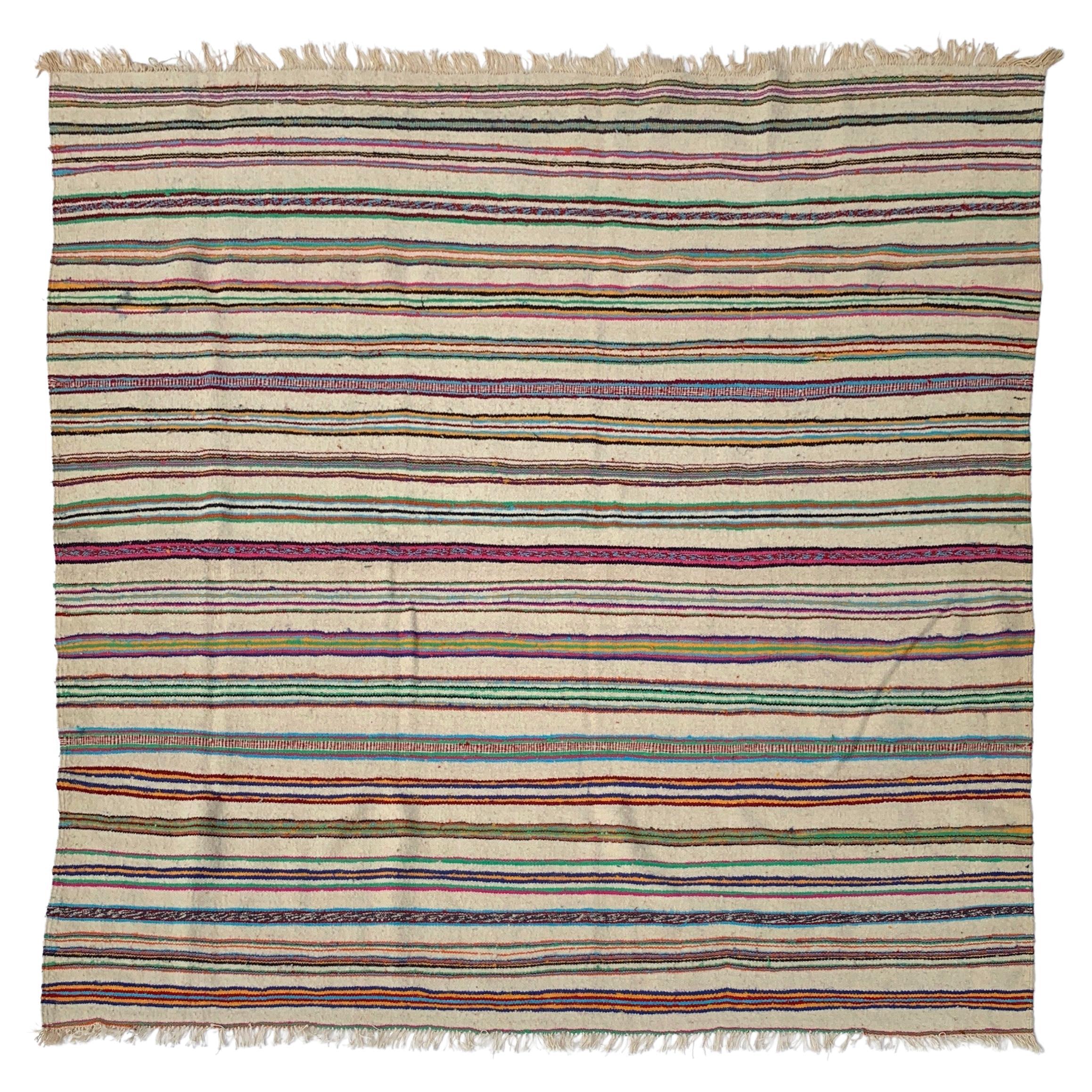 Tapis berbère tribal rayé canapé en laine vintage bohème, fait à la main, années 1970