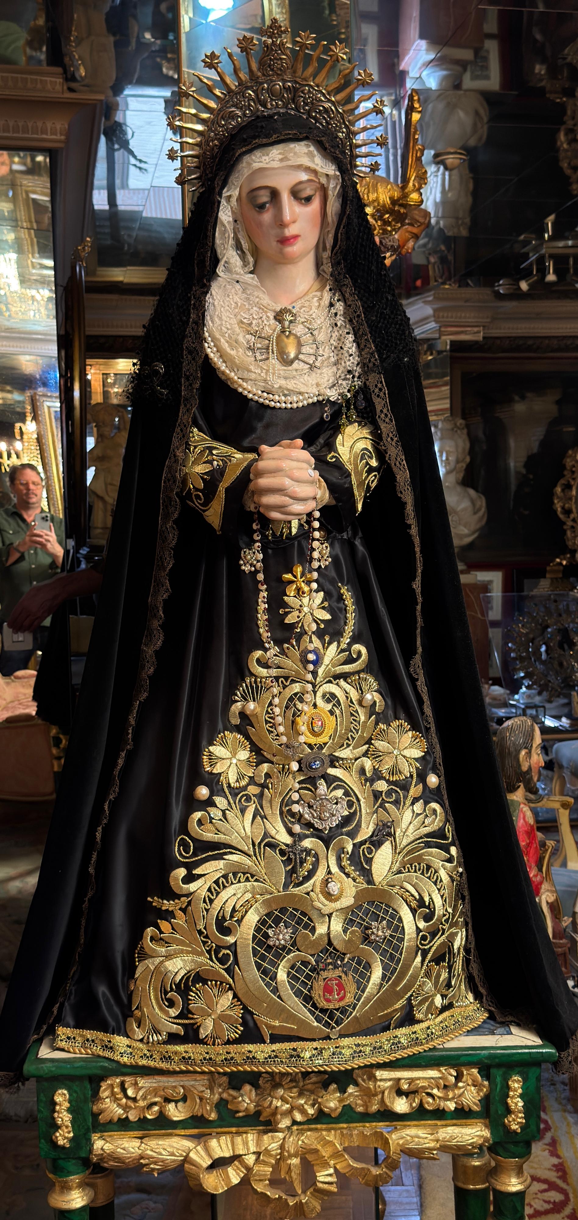 Spanish Colonial Amazing 16th Cent. Castilian Virgin of Sorrows with an 18th-century Silver Crown For Sale