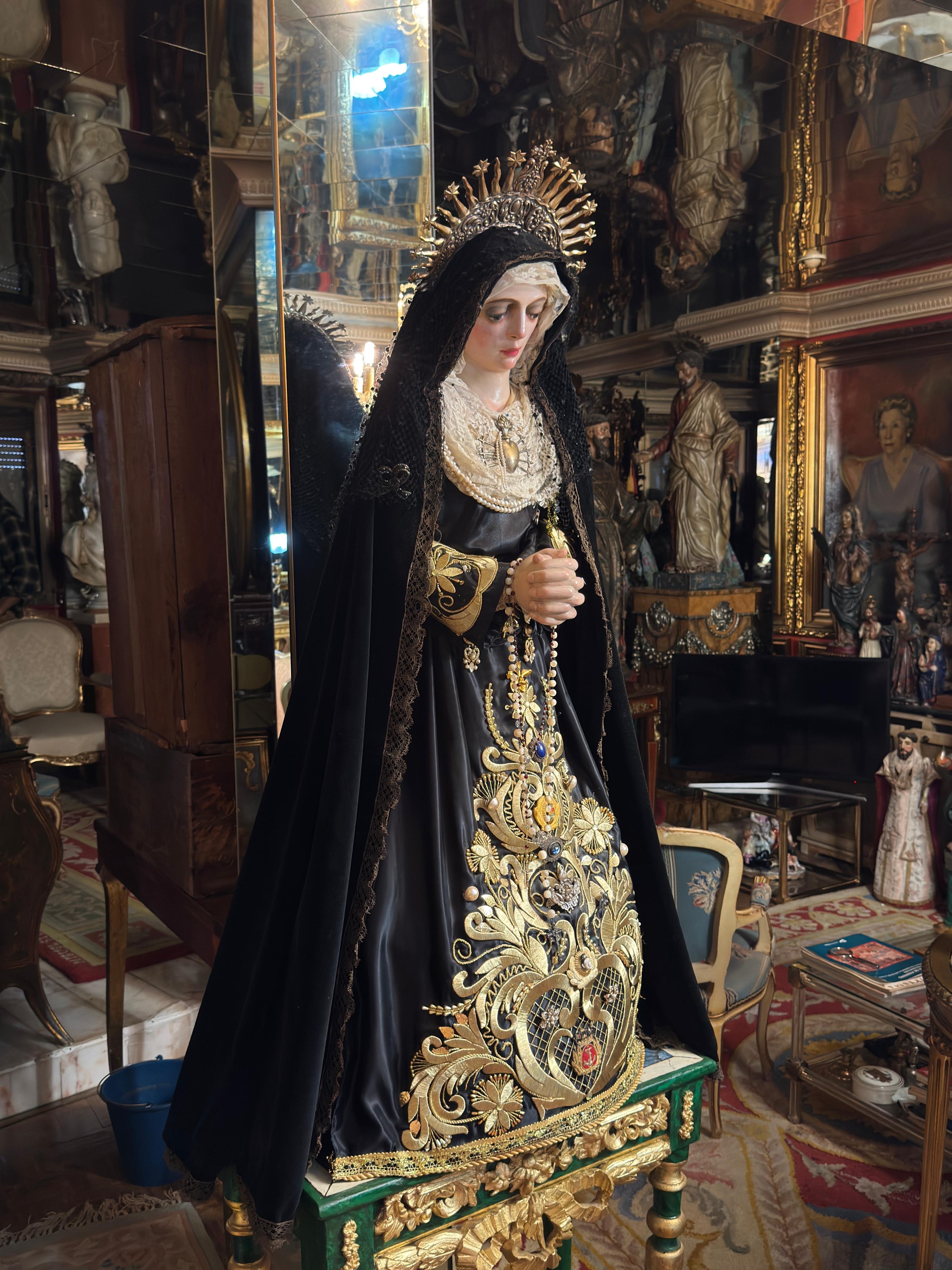 18th Century and Earlier Amazing 16th Cent. Castilian Virgin of Sorrows with an 18th-century Silver Crown For Sale