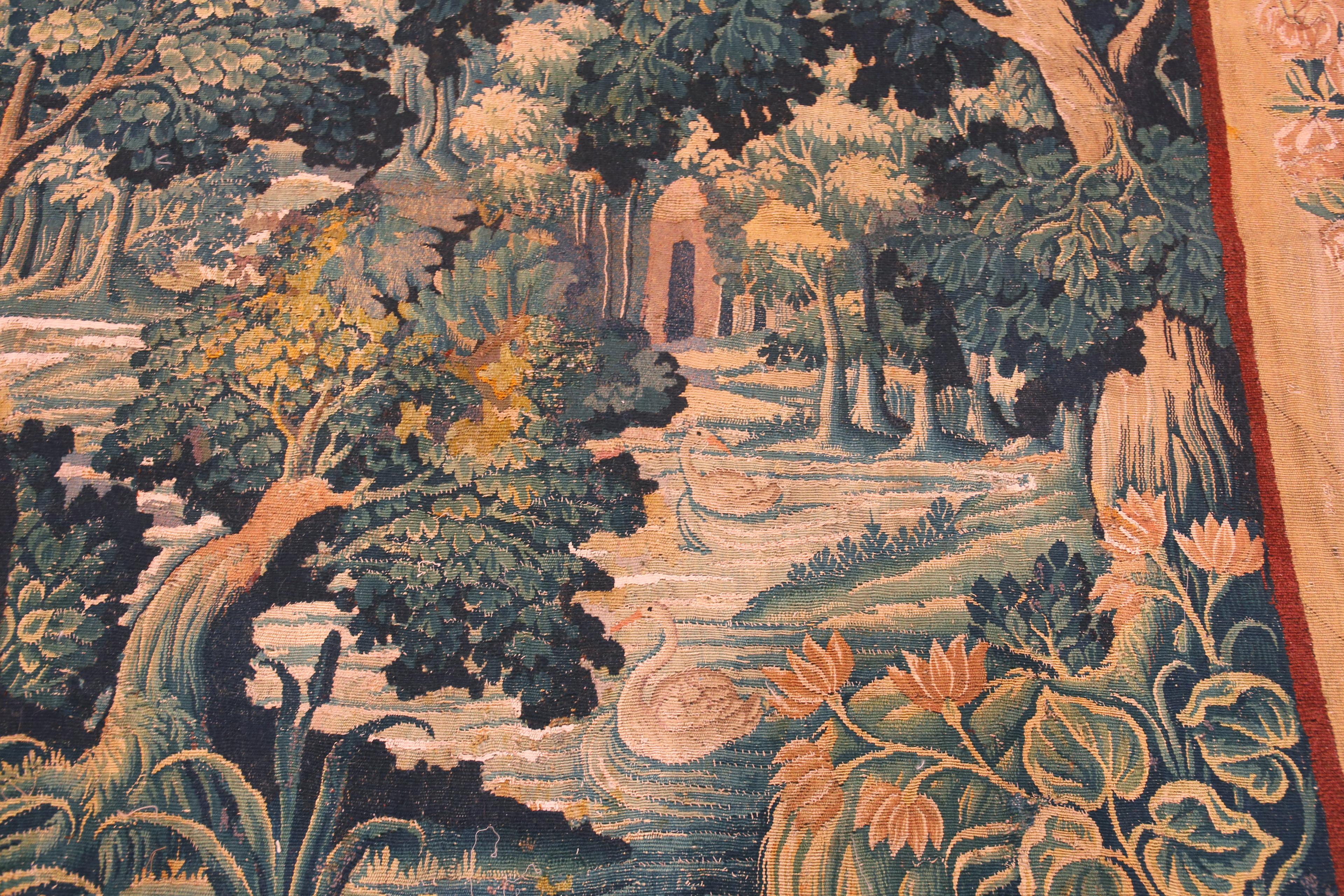 Magnifique tapisserie française ancienne du 17ème siècle en soie et laine verdure 10' x 12'10