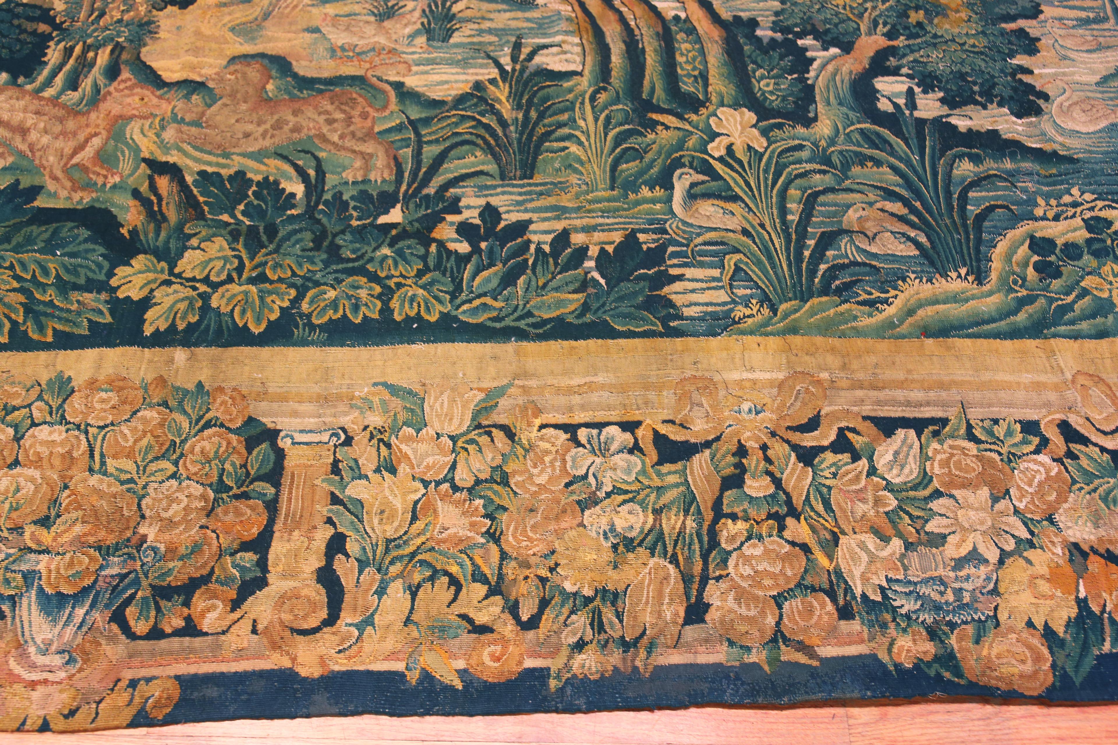 Romantique Magnifique tapisserie française ancienne du 17ème siècle en soie et laine verdure 10' x 12'10