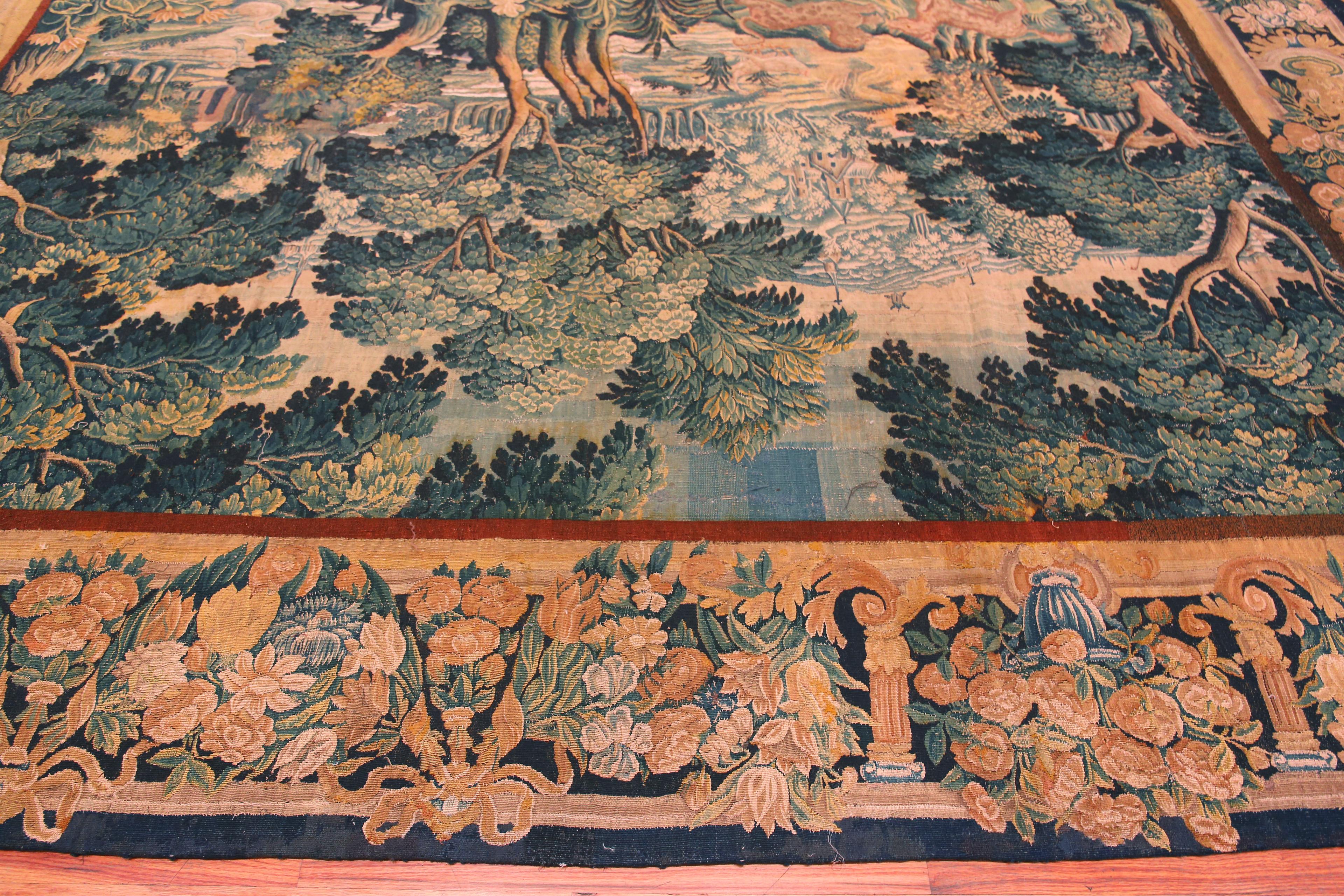 Noué à la main Magnifique tapisserie française ancienne du 17ème siècle en soie et laine verdure 10' x 12'10