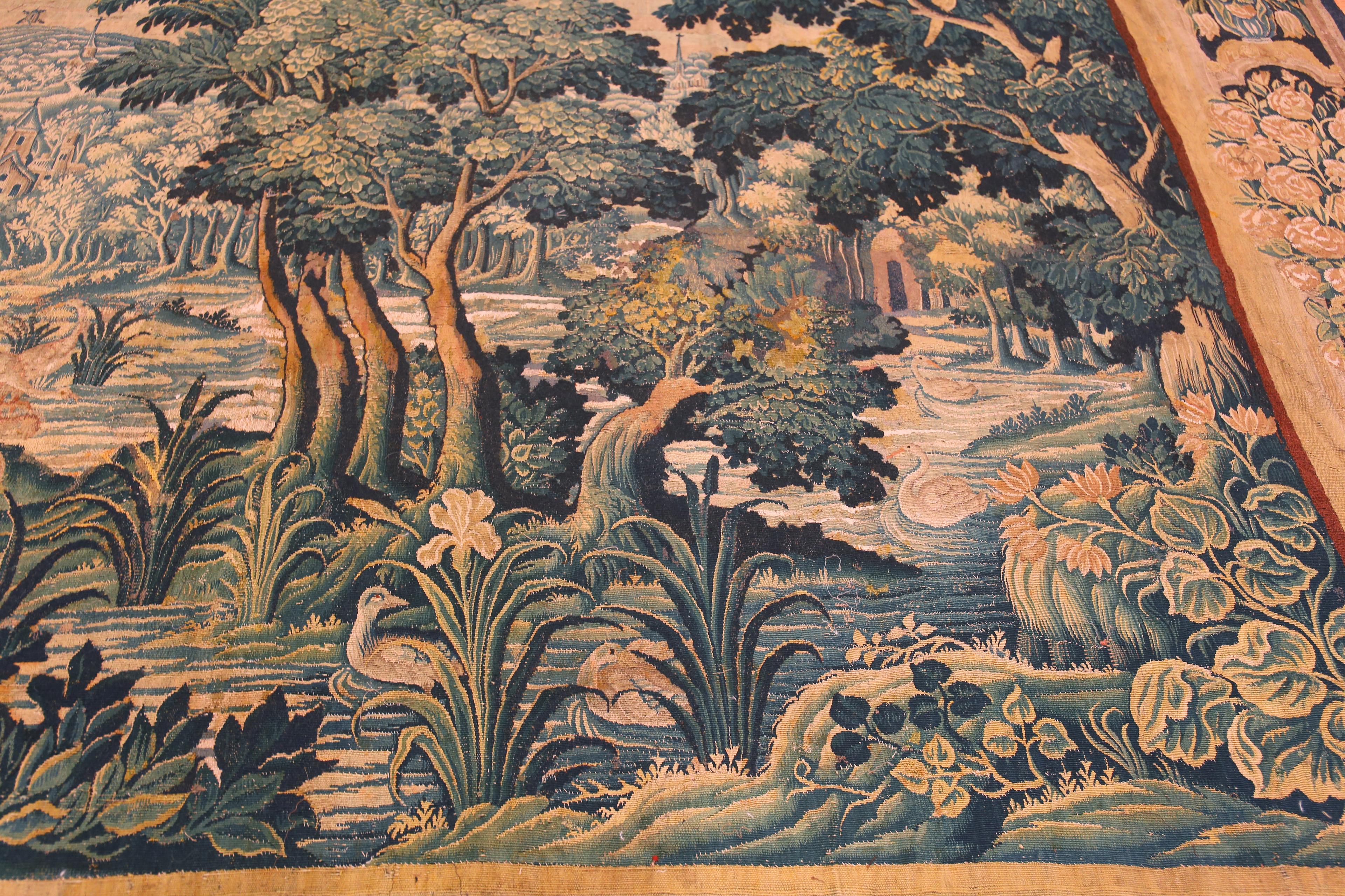 Soie Magnifique tapisserie française ancienne du 17ème siècle en soie et laine verdure 10' x 12'10