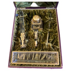 Amazing 1870 Late Empire Pure Gold Gilded Metal and Crystal Italian Desk Set