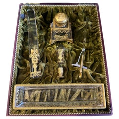 Antique Amazing 1870 Late Empire Pure Gold Gilded Metal and Crystal Italian Desk Set
