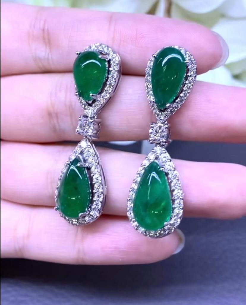 Cabochon AIG Certified 16.00 Carats Zambian Emeralds 2.85 Ct Diamonds 18k Gold Earrings  For Sale