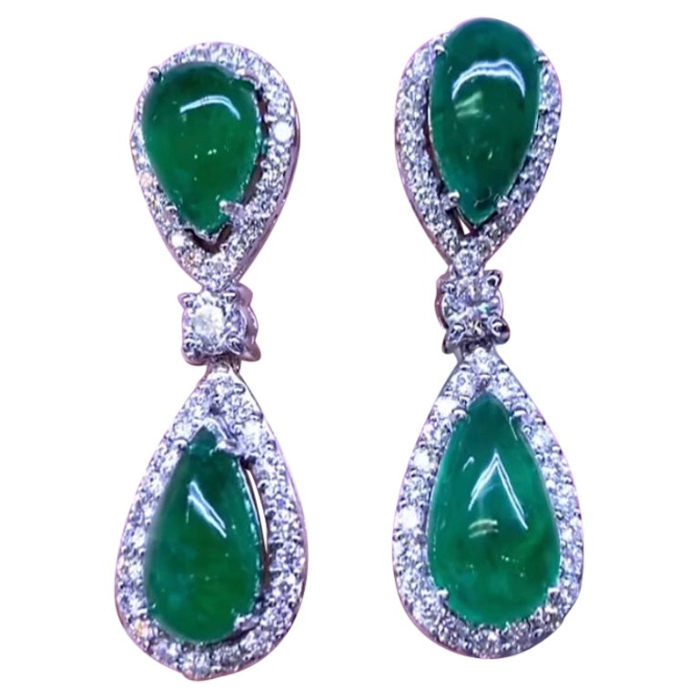 AIG Certified 16.00 Carats Zambian Emeralds 2.85 Ct Diamonds 18k Gold Earrings  For Sale